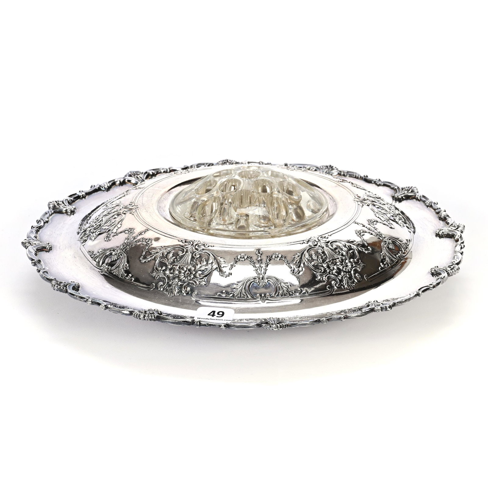 Centerpiece, Rogers 32-126 Silverplate On Copper: Centerpiece, Rogers 32-126 Silverplate On Copper, 3" x 11", Clear Flower Frog Insert With A Couple Of Rim Chips, NY Private Collection.
