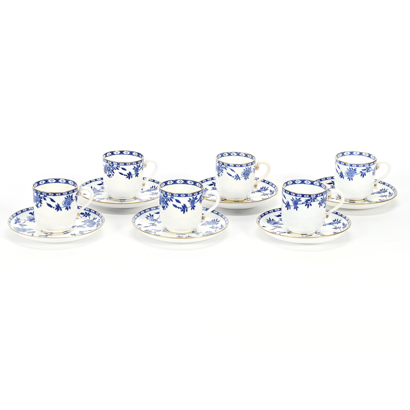 (6) Cups And Saucers Marked Minton China: (6) Cups And Saucers Marked Minton China, 2.75" x 5.25", Blue And White Delft Pattern, Circa 1891, One Cup Has Handle Repair And Hairline, One Saucer Has Hard To See Hairline, NY Private Collection.