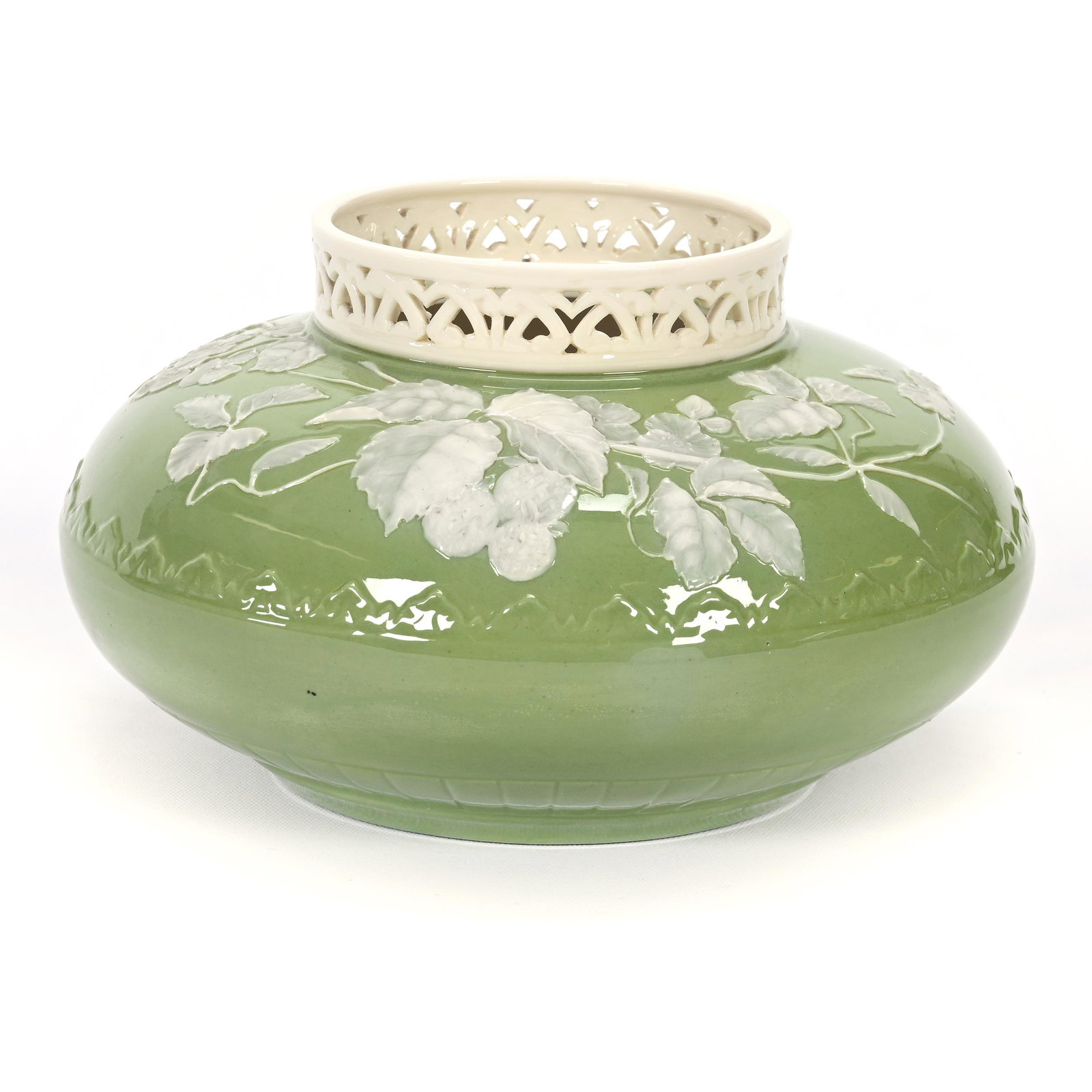 Vase, Unmarked Minton Pate-Sur-Pate: Vase, Unmarked Minton Pate-Sur-Pate, 4" x 7", Green With White Floral Branch Decor, Missouri Private Collection.