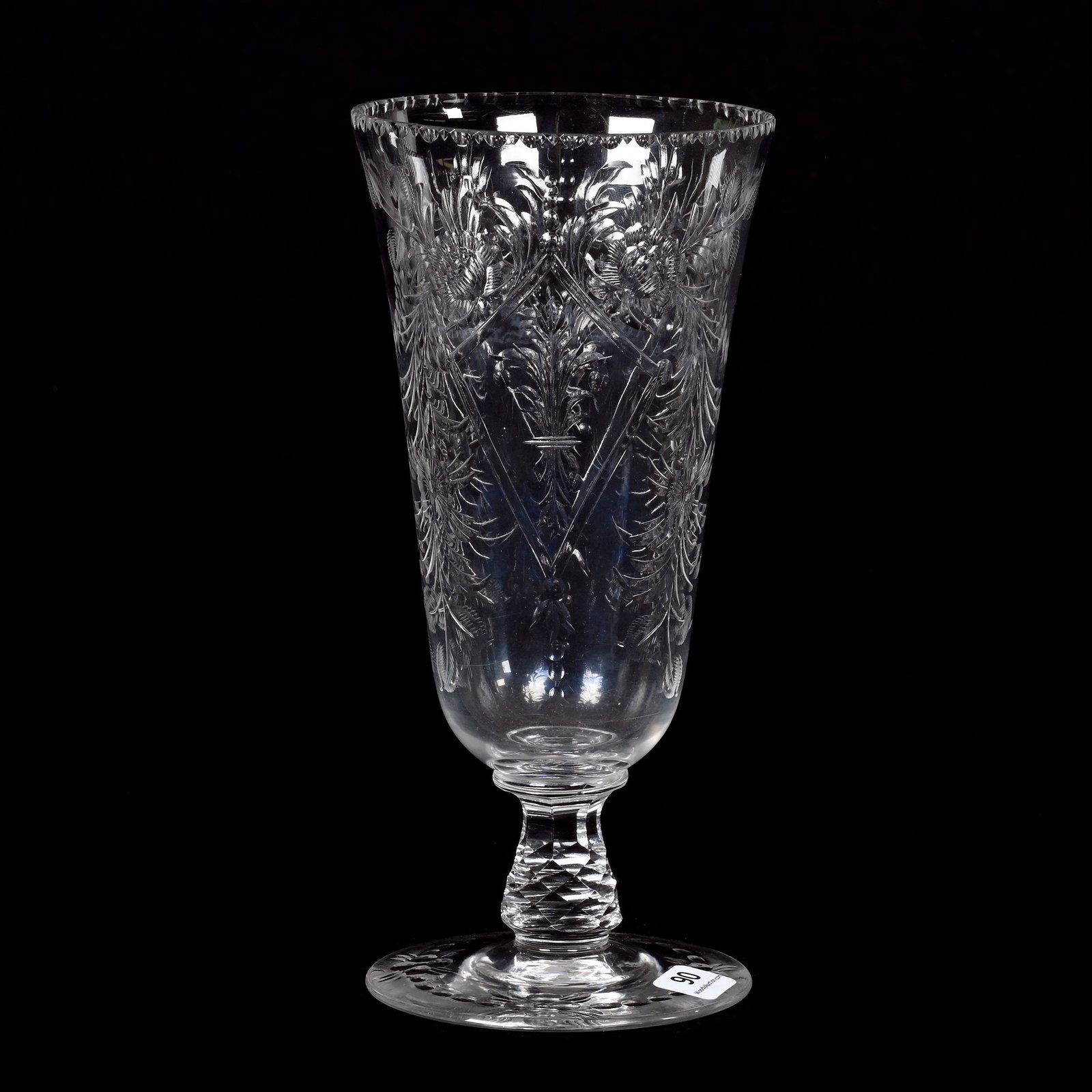 Chalice, American Brilliant Cut Glass: Chalice, American Brilliant Cut Glass, 9" x 4.25", Finely Cut Stem, Engraved Floral Garland With Quality Engraved Highlights, Missouri Private Collection.