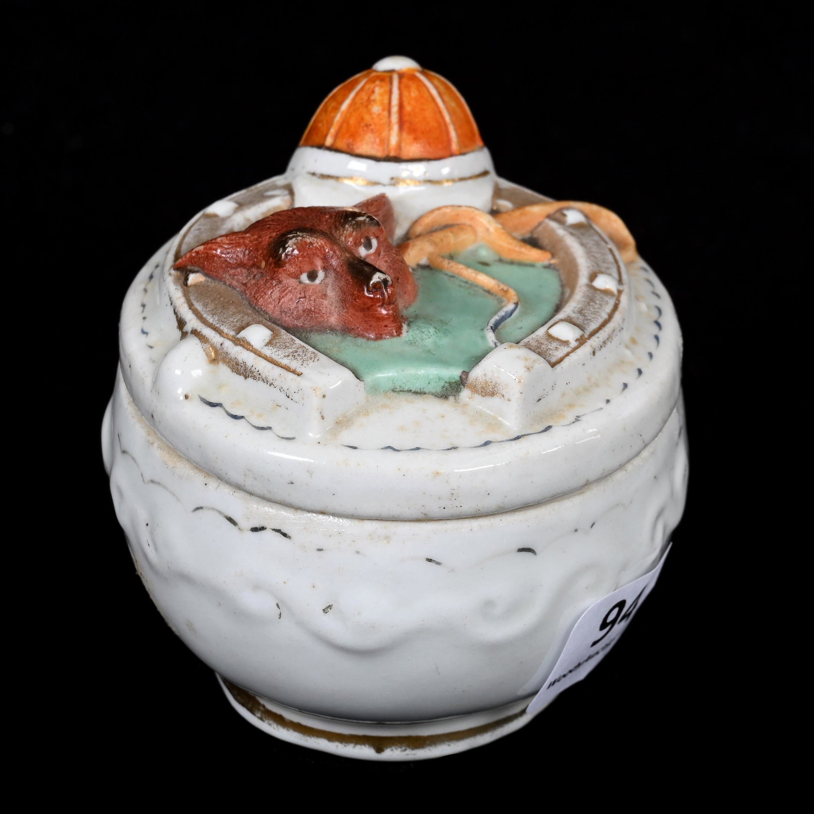 Trinket Box, Unmarked Staffordshire: Trinket Box, Unmarked Staffordshire, 2.5" x 3", Jockey's Hat, Whip, Fox Head And Horseshoe Design, Missouri Private Collection.