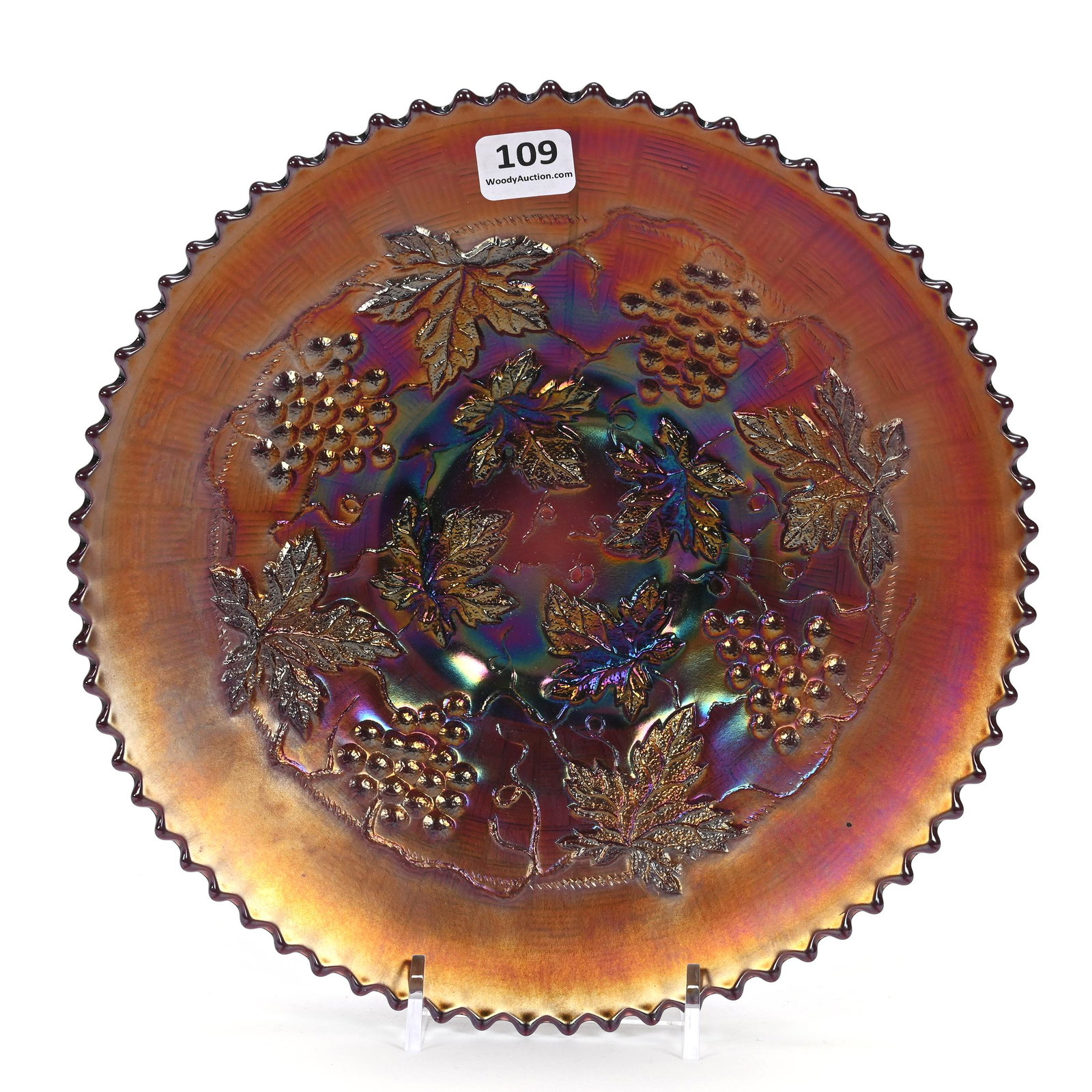 Plate, Carnival Glass, Grape & Cable By Northwood: Plate, Carnival Glass, Grape & Cable By Northwood, 9", Basketweave Exterior, Purple, Missouri Private Collection.