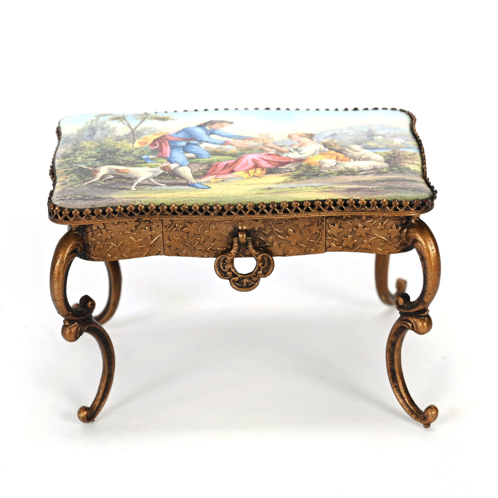 Miniature Table Marked Austria French Enamel: Miniature Table Marked Austria French Enamel, 2" x 3.25" x 2.5", Courting Scene With Bird, Lamb And Dog, Missouri Private Collection.