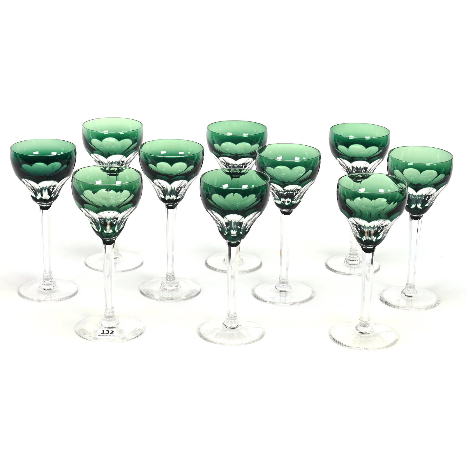 (10) Wine Stems Signed Val St. Lambert: (10) Wine Stems Signed Val St. Lambert, 7.25" x 3", Green Cut To Clear, One Has Chip On Foot, Missouri Private Collection.