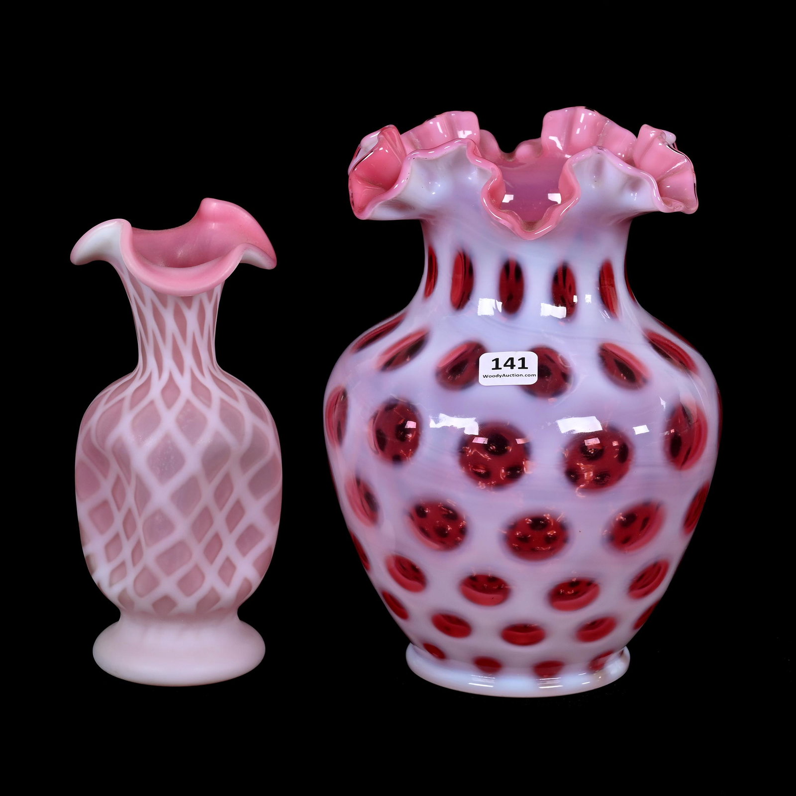 (2) Contemporary Art Glass Vases: (2) Contemporary Art Glass Vases, (1) 8.75" x 6", Cranberry Opalescent Coinspot, Attributed To Fenton, (1) 7.5" x 3", Four-Sided Satin Cranberry Opalescent Diamond Quilted, Nebraska Private Collection