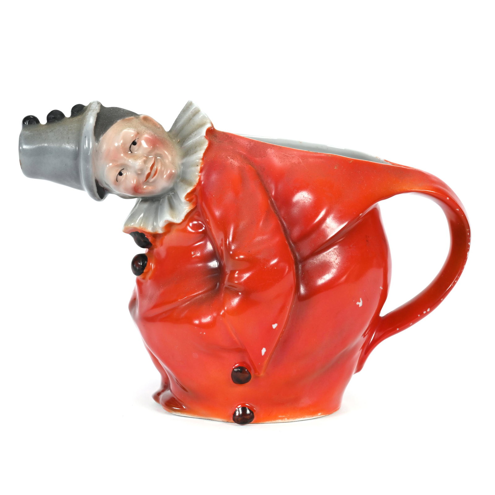 Water Pitcher, Royal Bayreuth Blue Mark: Water Pitcher, Royal Bayreuth Blue Mark, 6.25" x 9.25", Red Clown, Light Paint Wear, Arthur Ward Estate.