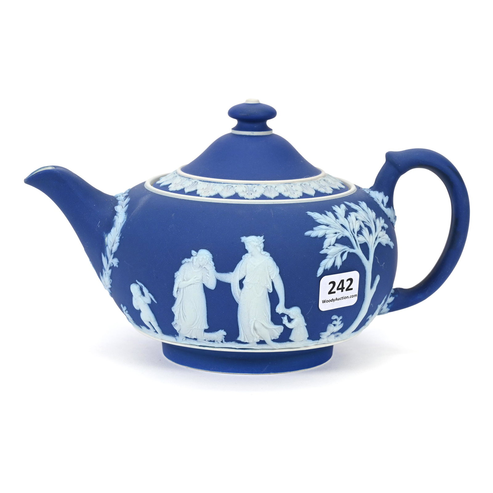 Teapot Marked Wedgwood M.I.E.: Teapot Marked Wedgwood M.I.E., 5.25" x 8.75", Classic Blue And White Jasperware Scenic Decor, NY Private Collection.