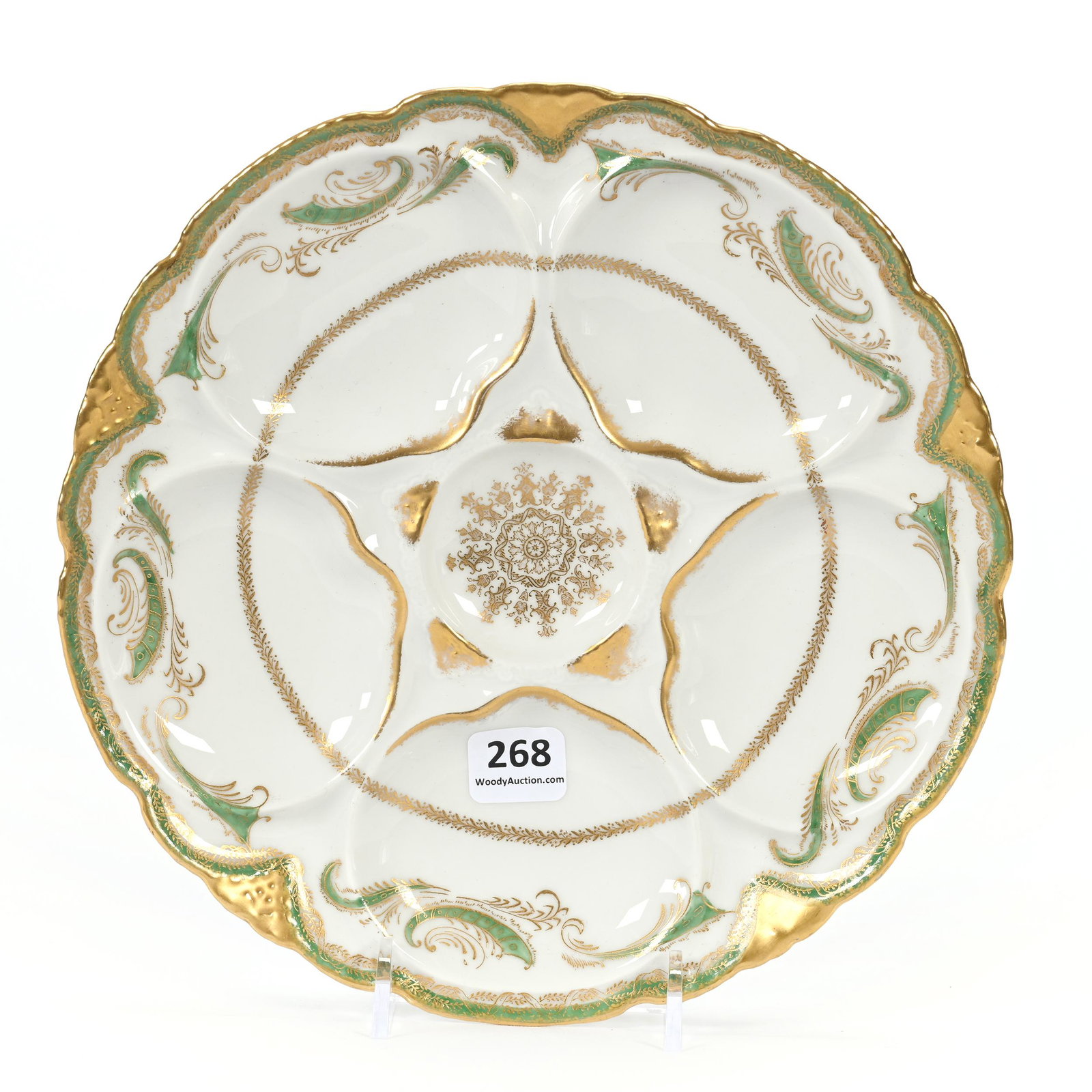 Oyster Plate Marked Theodore Haviland: Oyster Plate Marked Theodore Haviland, 8.5", Also Marked "Abram French Company", White With Green Border, Extra Nice Gold Highlights, NY Private Collection.