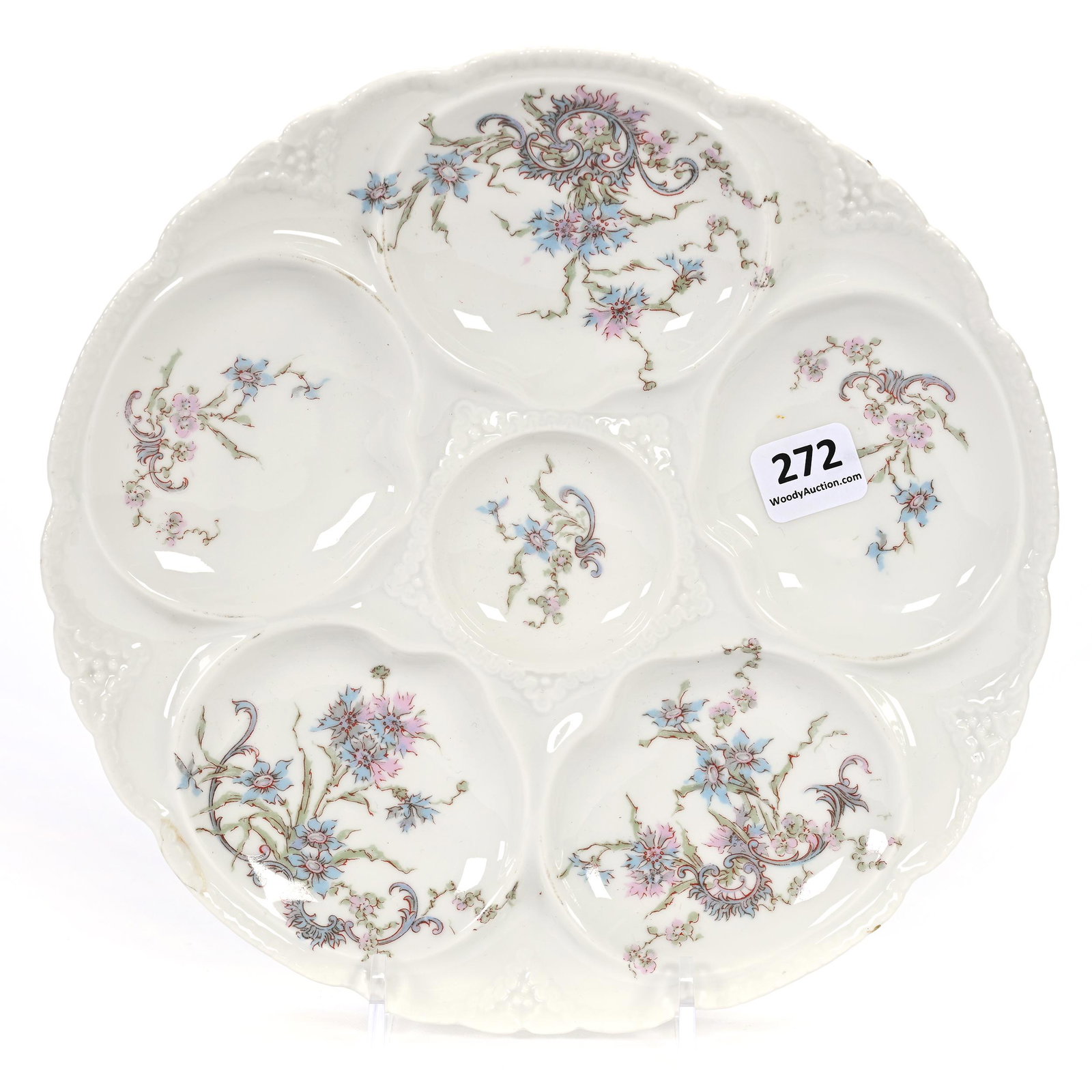 Oyster Plate Marked Theodore Haviland: Oyster Plate Marked Theodore Haviland, 8.25", White With Blue And Pink Floral Decor, NY Private Collection.