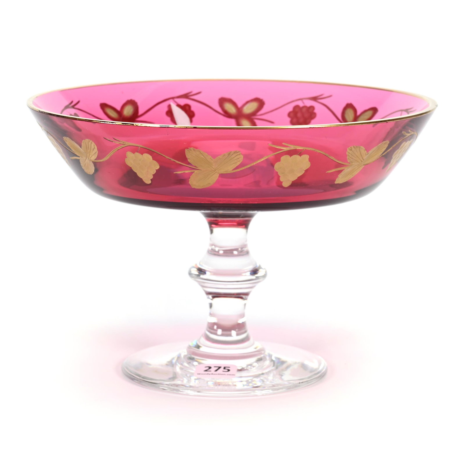 Compote Marked Val St. Lambert: Compote Marked Val St. Lambert, 6" x 8.5", Cranberry With Engraved Vintage Motif, Gilded Highlights, Clear Stem And Foot, NY Private Collection.