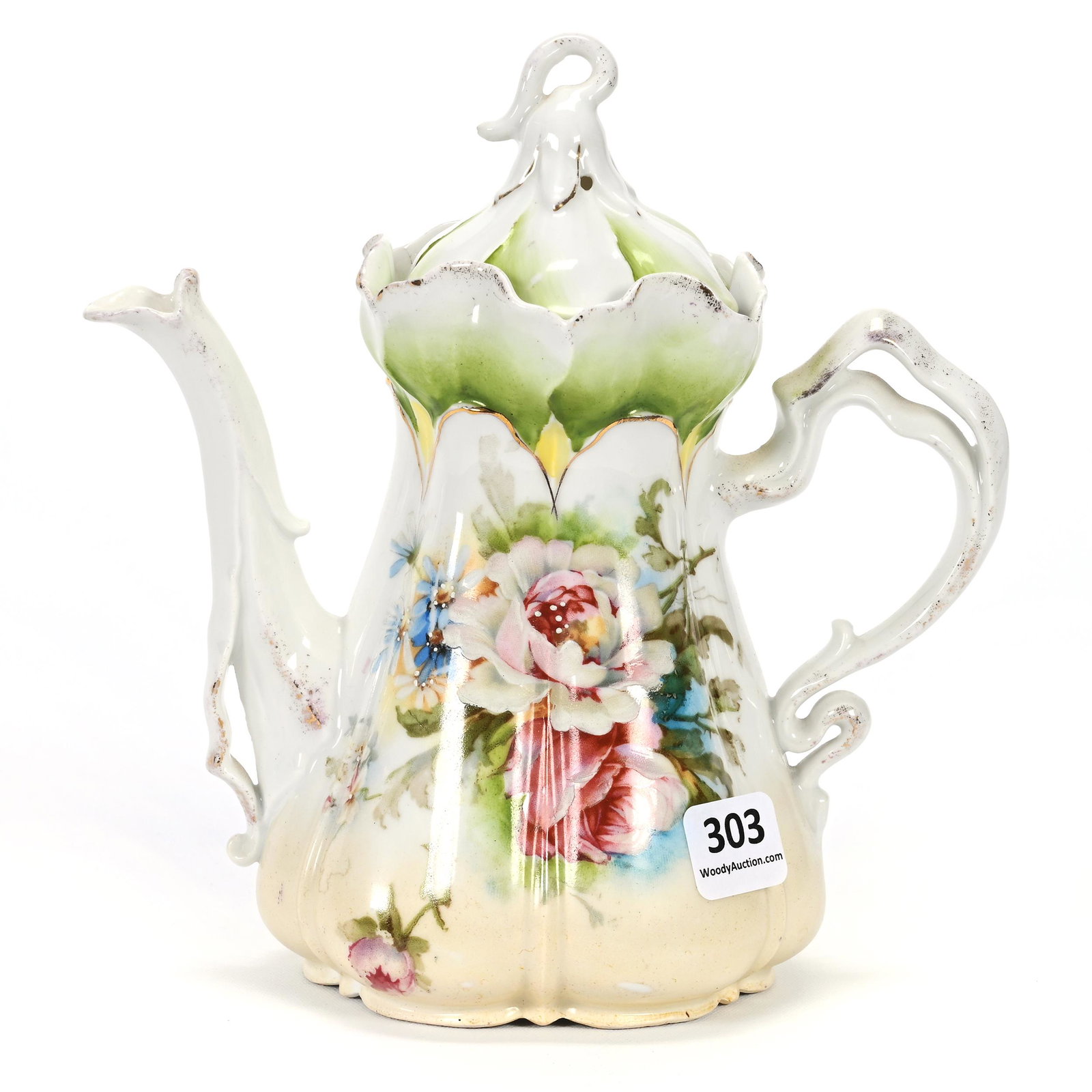 Tea Pot Marked Royal Vienna: Tea Pot Marked Royal Vienna, 7" x 6.75", Morning Glory Mold, White, Cream And Green Tones, Rose Decor, Carl Putzka Collection, Texas.