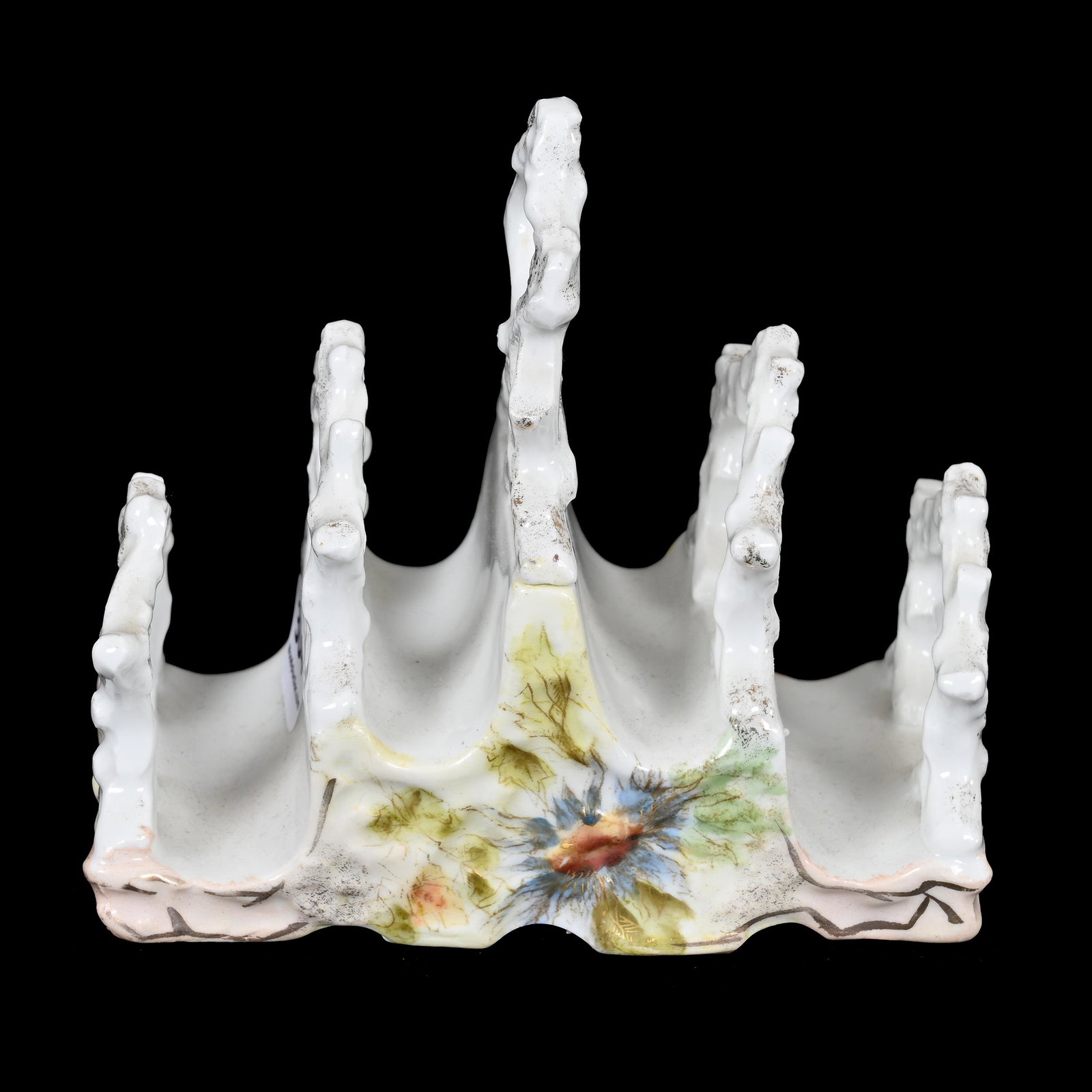 Toast Rack, Unmarked Early R.S. Prussia: Toast Rack, Unmarked Early R.S. Prussia, 4.5" x 5", White, Pink And Yellow Tones, Floral Decor, Carl Putzka Collection, Texas.