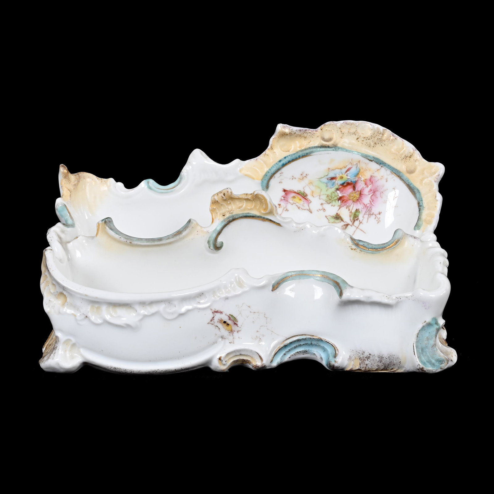 Desk Organizer, Unmarked Early R.S. Prussia: Desk Organizer, Unmarked Early R.S. Prussia, 3.25" x 6", White, Blue And Cream Tones, Floral Decor, Carl Putzka Collection, Texas.