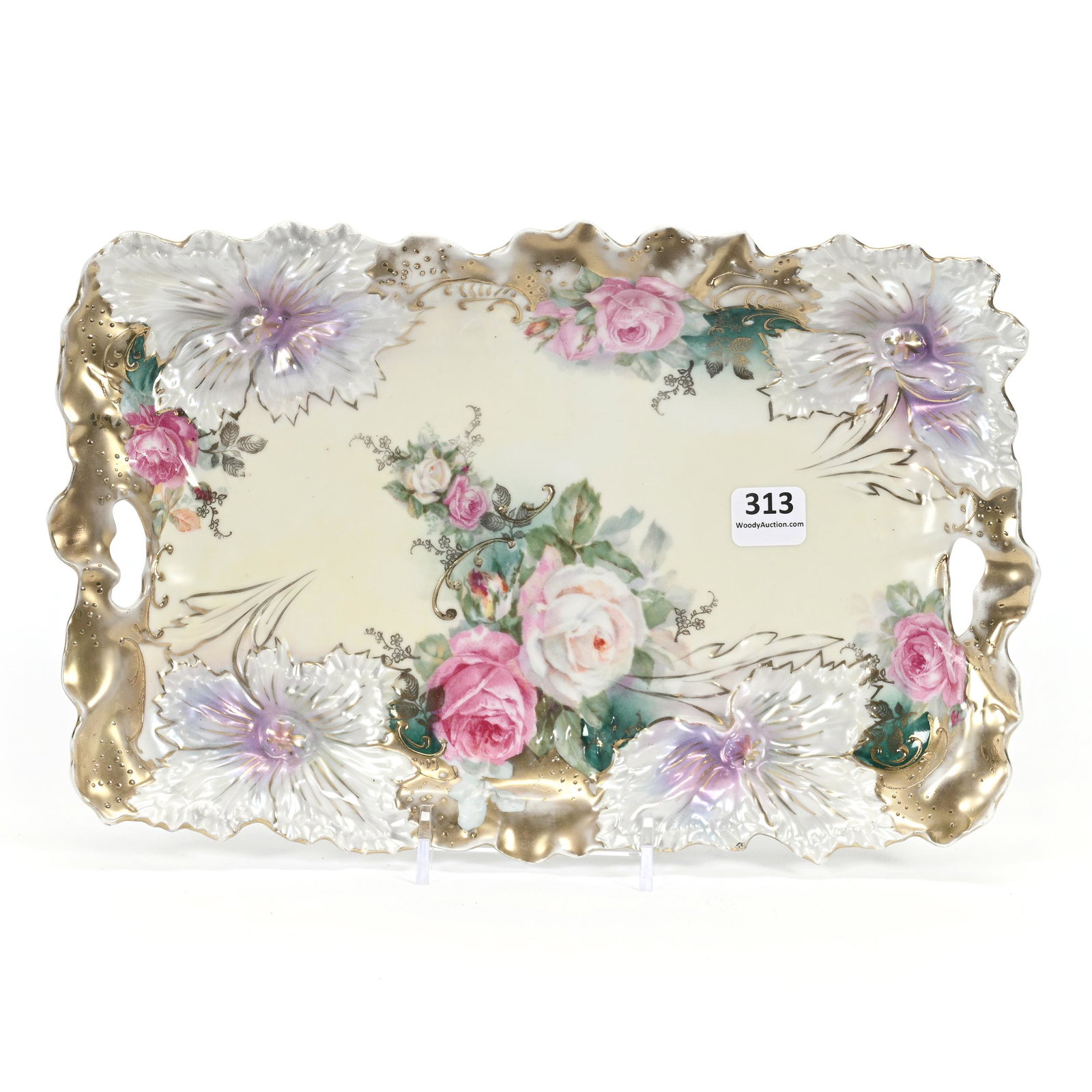 Dresser Tray, Unmarked R.S. Prussia: Dresser Tray, Unmarked R.S. Prussia, 11.5" x 7.5", Carnation Mold, Cream Center With Pink And White Rose Decor, White And Lavender Satin Carnations With Gold Border, Carl Putzka Collection, Texas.