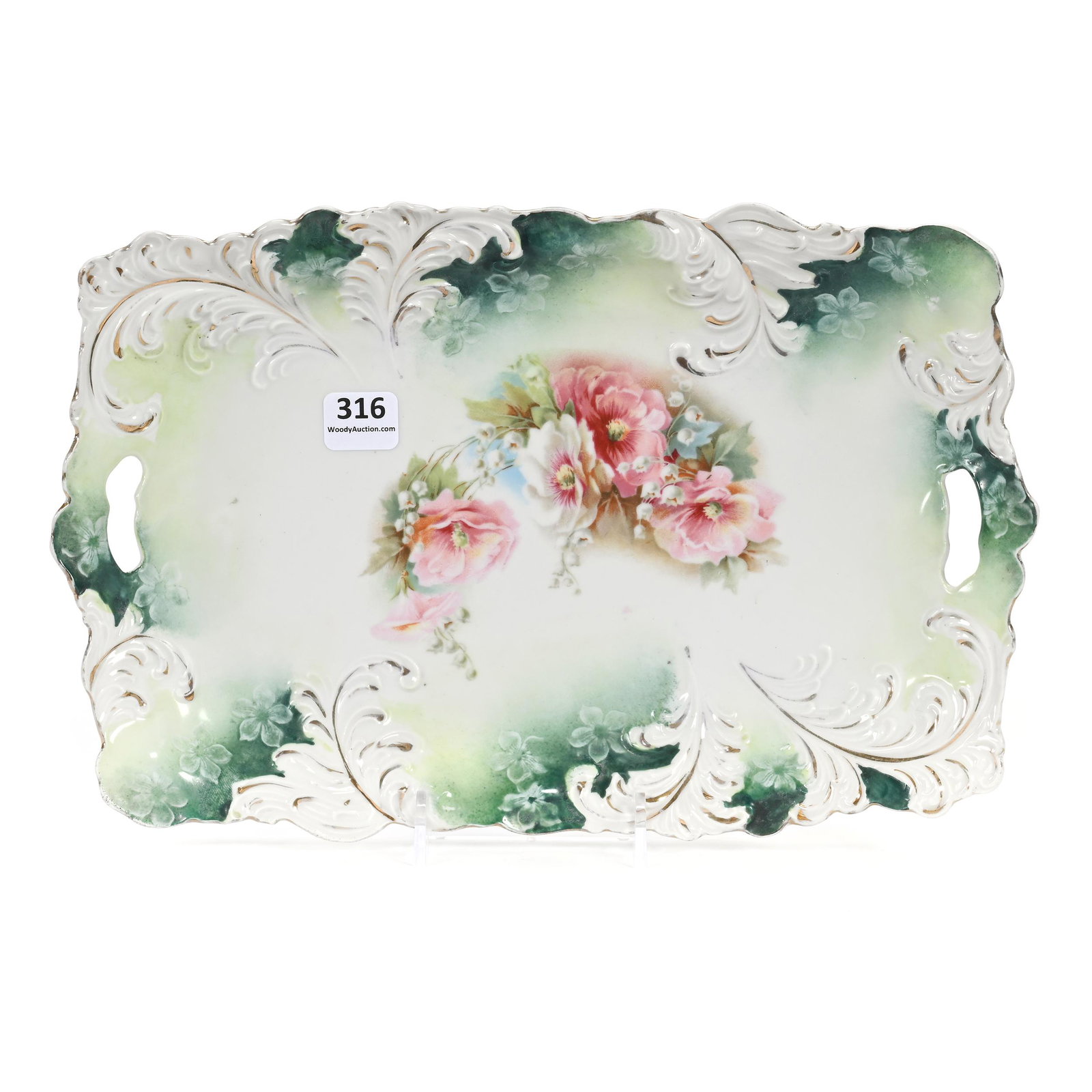Dresser Tray Marked R.S. Prussia: Dresser Tray Marked R.S. Prussia, 11.5" x 7.5", Plume Mold, Green And White With Floral Decor, Carl Putzka Collection, Texas.