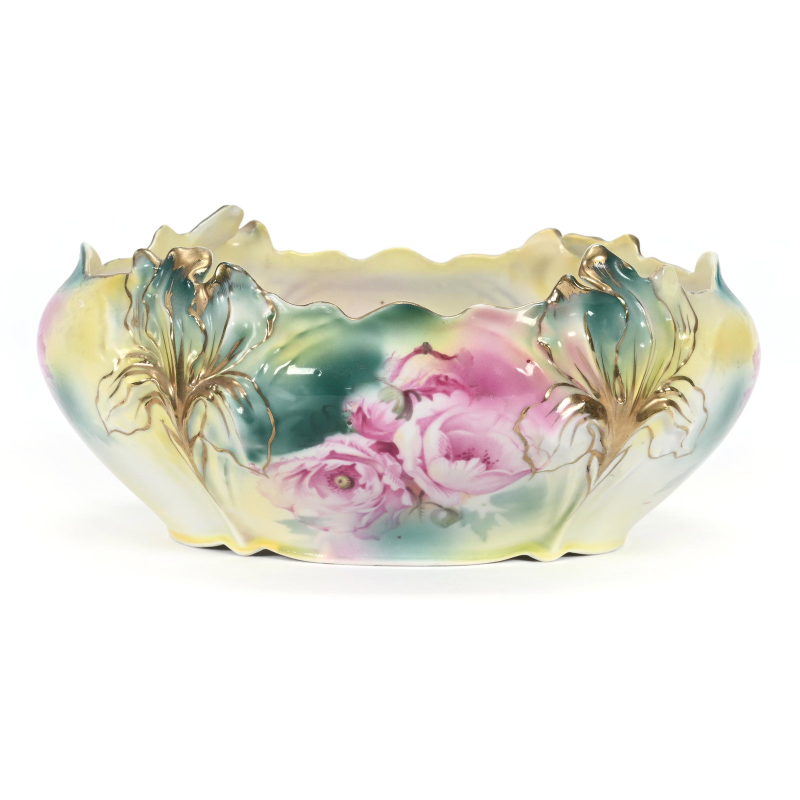 Oval Bowl Marked R.S. Prussia: Oval Bowl Marked R.S. Prussia, 4" x 9", Iris Mold, Green And Yellow Tones, Pink Poppy Decor, Carl Putzka Collection, Texas.