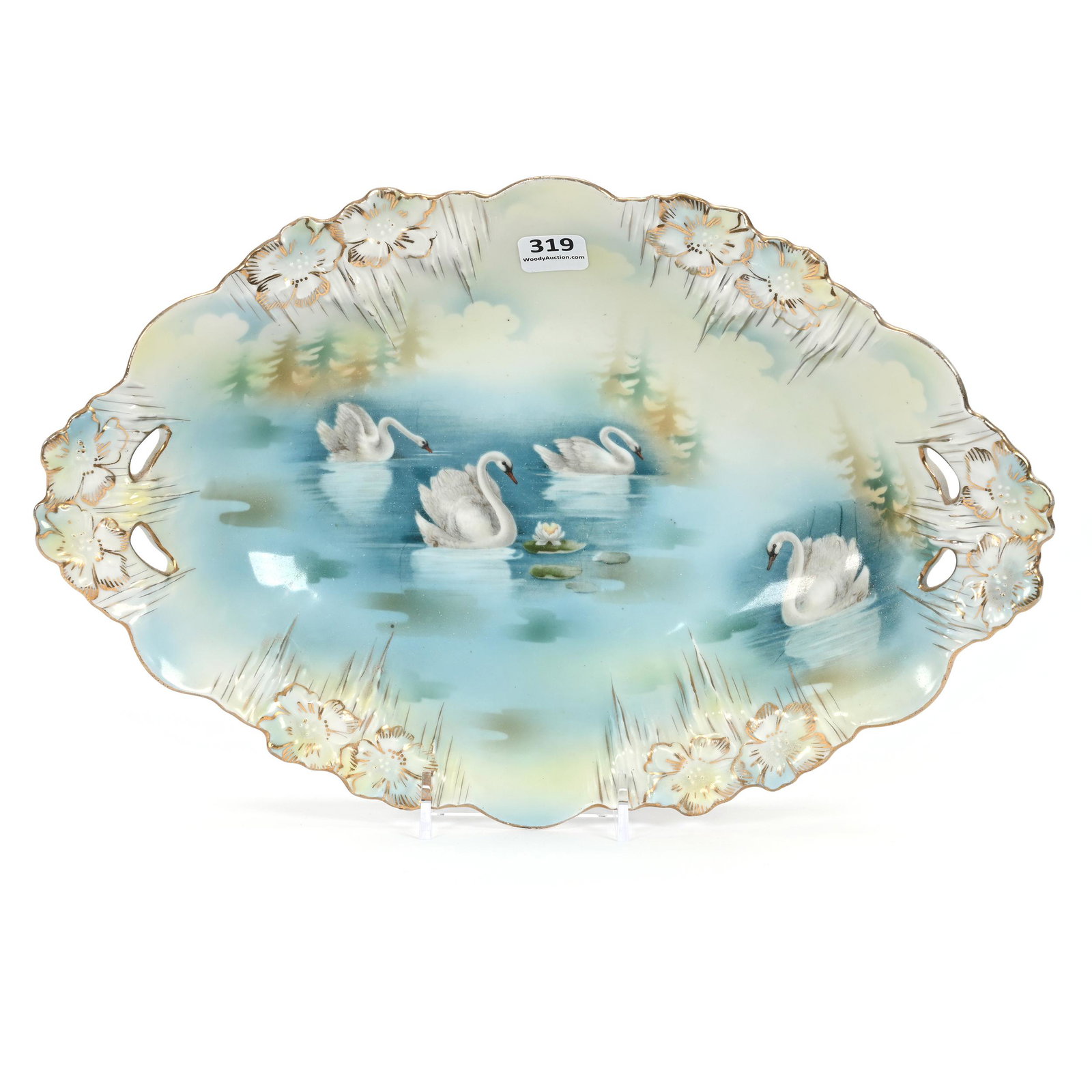 Bread Bowl Marked R.S. Prussia: Bread Bowl Marked R.S. Prussia, 13" x 8.5", Icicle Mold, Swan Scenic Decor, Carl Putzka Collection, Texas.