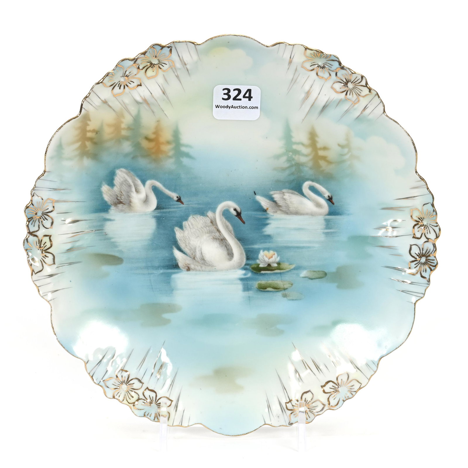 Plate Marked R.S. Prussia: Plate Marked R.S. Prussia, 7.5", Icicle Mold, Swan Scenic Decor, Small Rim Nick, Carl Putzka Collection, Texas.