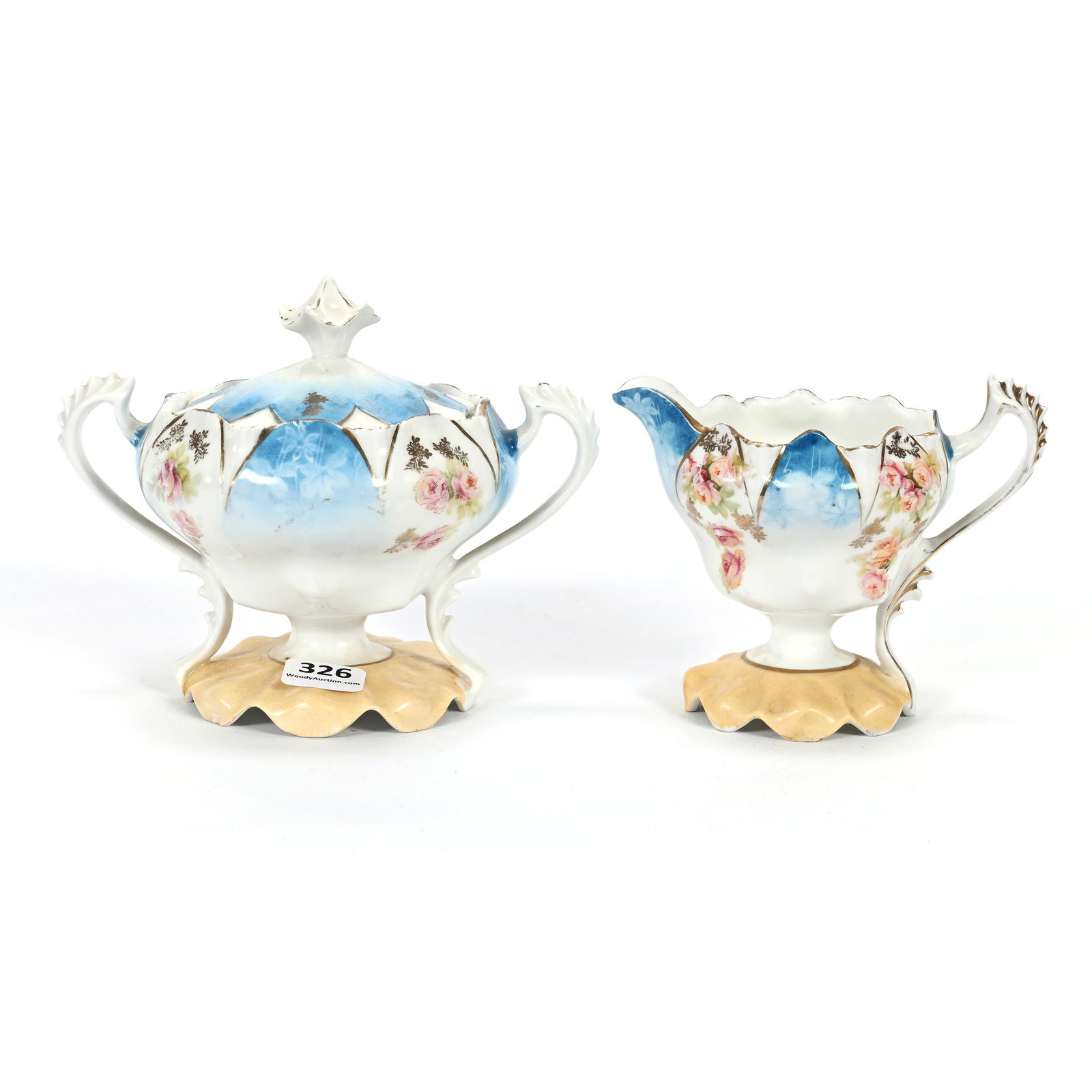 Pedestal Creamer & Sugar, Unmarked R.S. Prussia: Pedestal Creamer & Sugar, Unmarked R.S. Prussia, 4.75" x 6", Green, Blue And White Tones, Rose Decor, Carl Putzka Collection, Texas.