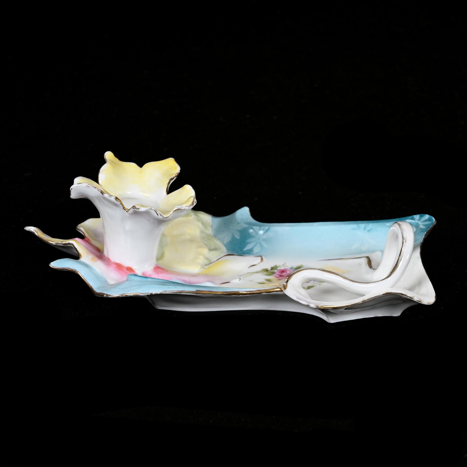Chamberstick, Unmarked R.S. Prussia: Chamberstick, Unmarked R.S. Prussia, 1.75" x 6", Hidden Image Mold, Blue, White, Yellow And Pink Tones, Rose Decor, Carl Putzka Collection, Texas.
