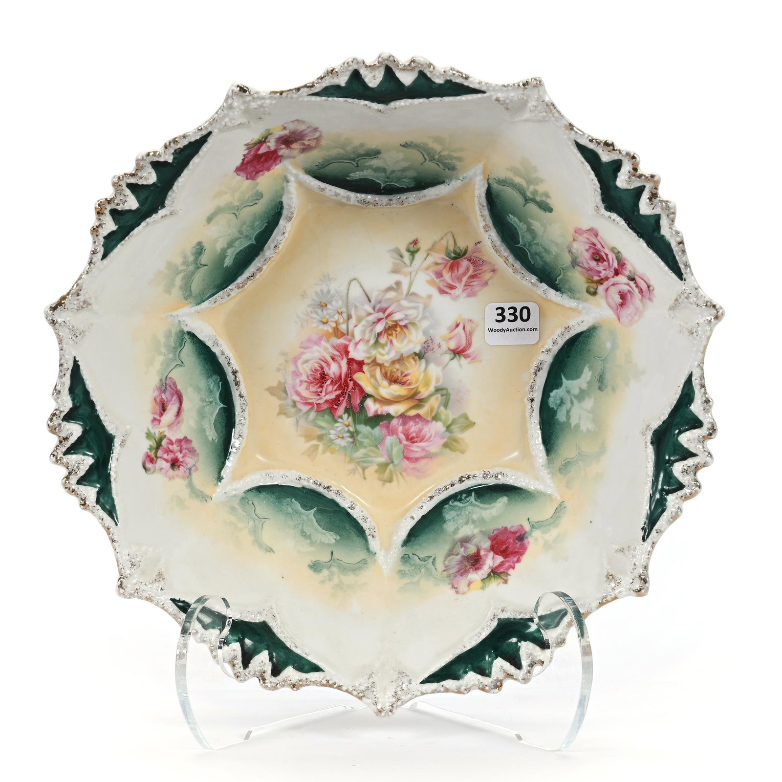 Bowl Marked R.S. Prussia: Bowl Marked R.S. Prussia, 10.5", Cream Center, Green And White Border, Rose And Poppy Decor, Carl Putzka Collection, Texas.