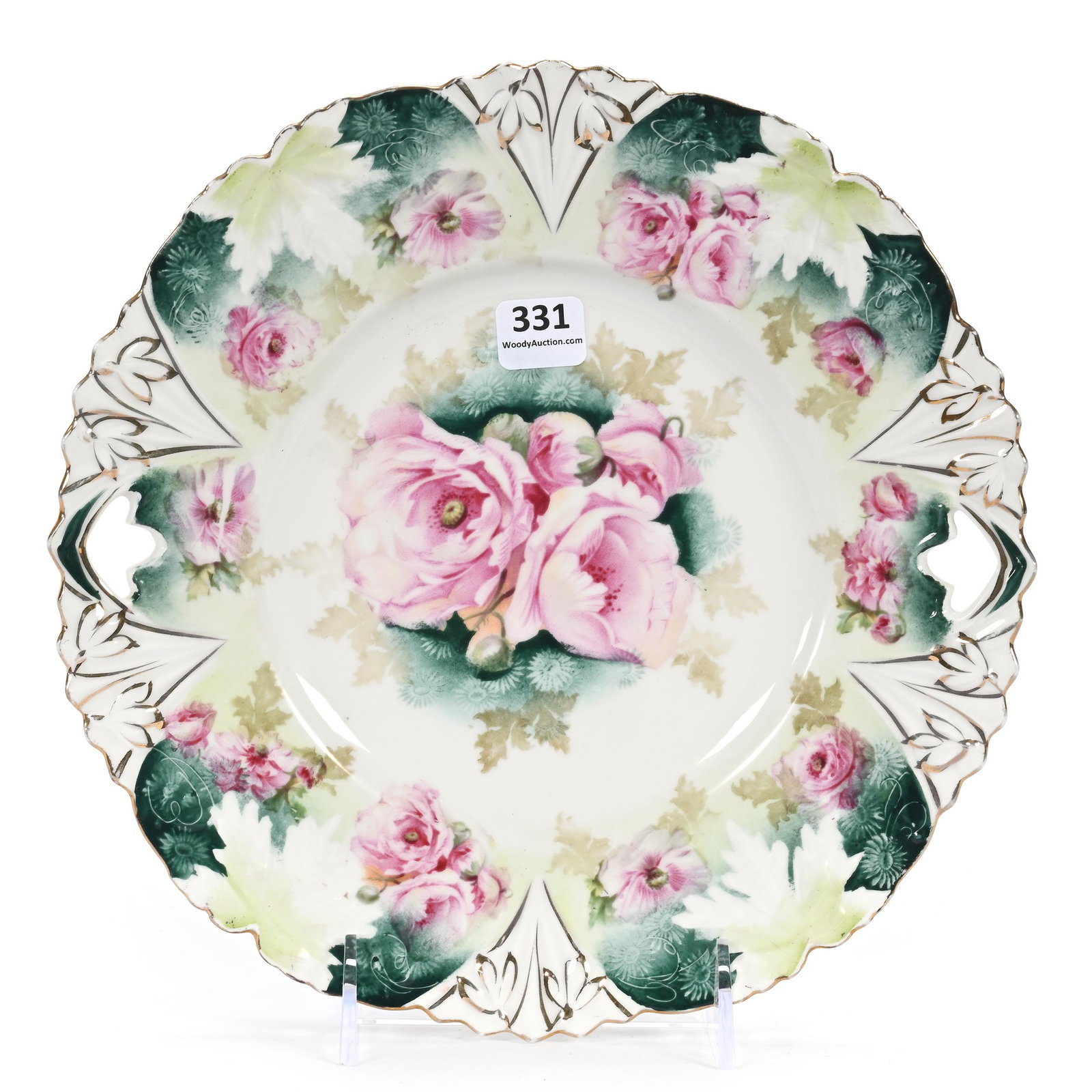 Cake Plate Marked R.S. Prussia: Cake Plate Marked R.S. Prussia, 9.75", Leaf Mold, White And Green Tones, Pink Poppy Decor, Carl Putzka Collection, Texas.