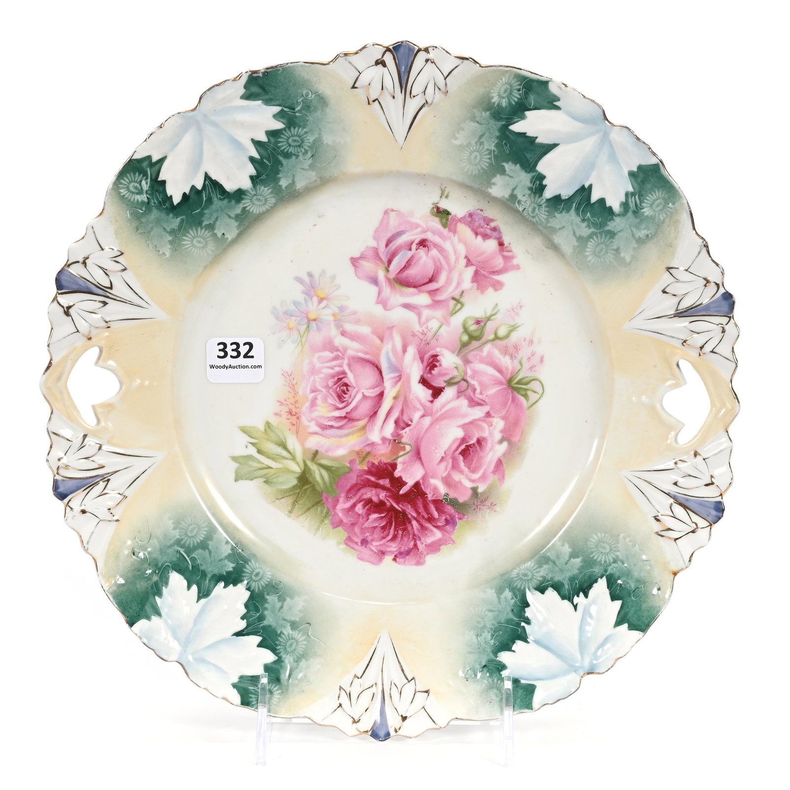 Cake Plate Marked R.S. Prussia: Cake Plate Marked R.S. Prussia, 10.5", Leaf Mold, White, Cream And Green Tones, Pink Rose Decor, Carl Putzka Collection, Texas.