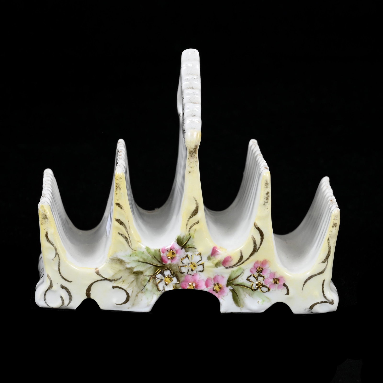 Toast Rack, Unmarked Early R.S. Prussia: Toast Rack, Unmarked Early R.S. Prussia, 4" x 5", White And Yellow Tones, Pink Floral Decor, Carl Putzka Collection, Texas.