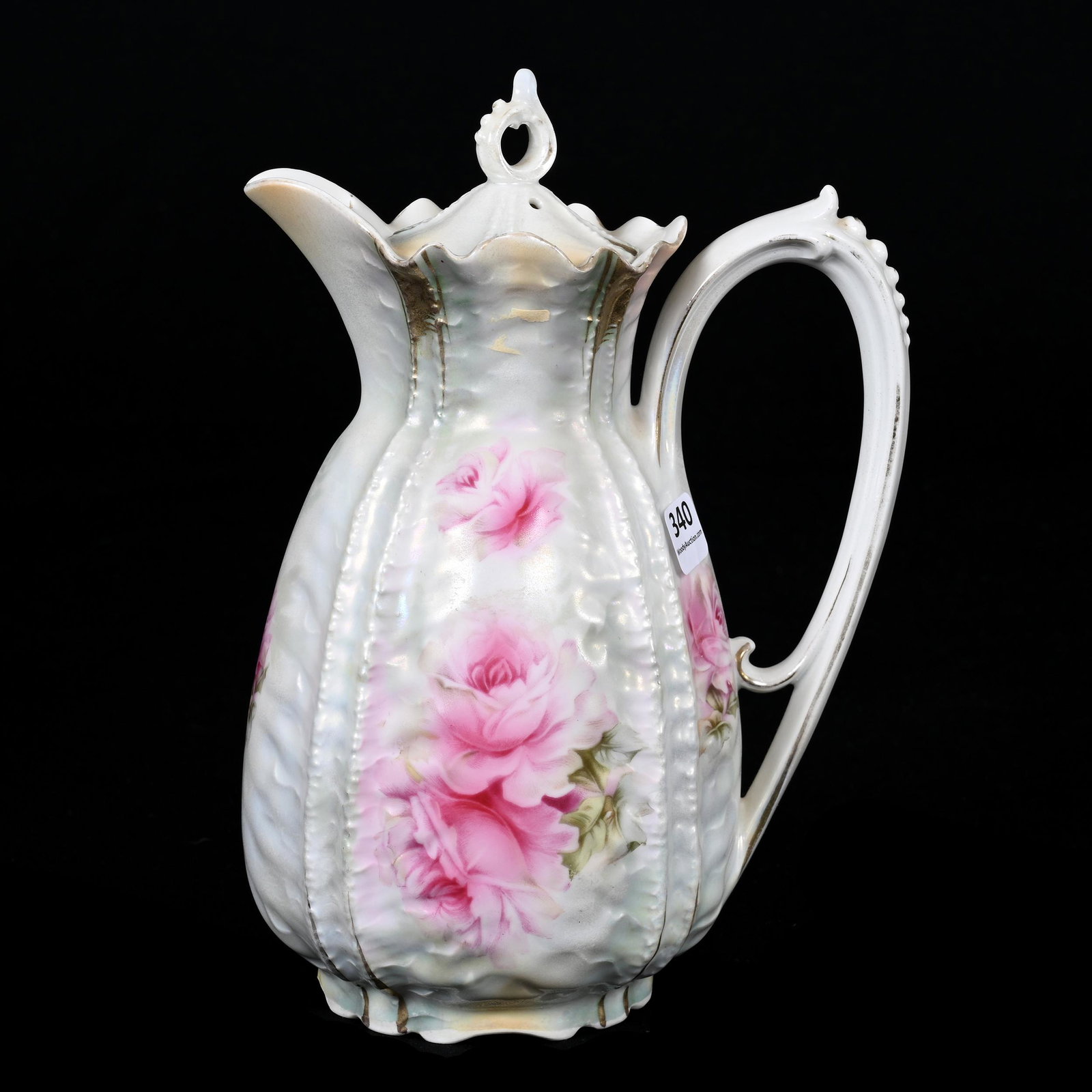Chocolate Pot Marked R.S. Prussia: Chocolate Pot Marked R.S. Prussia, 9.5" x 6.5", White And Green Satin, Pink Rose Decor, Outside Rim Chip, Carl Putzka Collection, Texas.