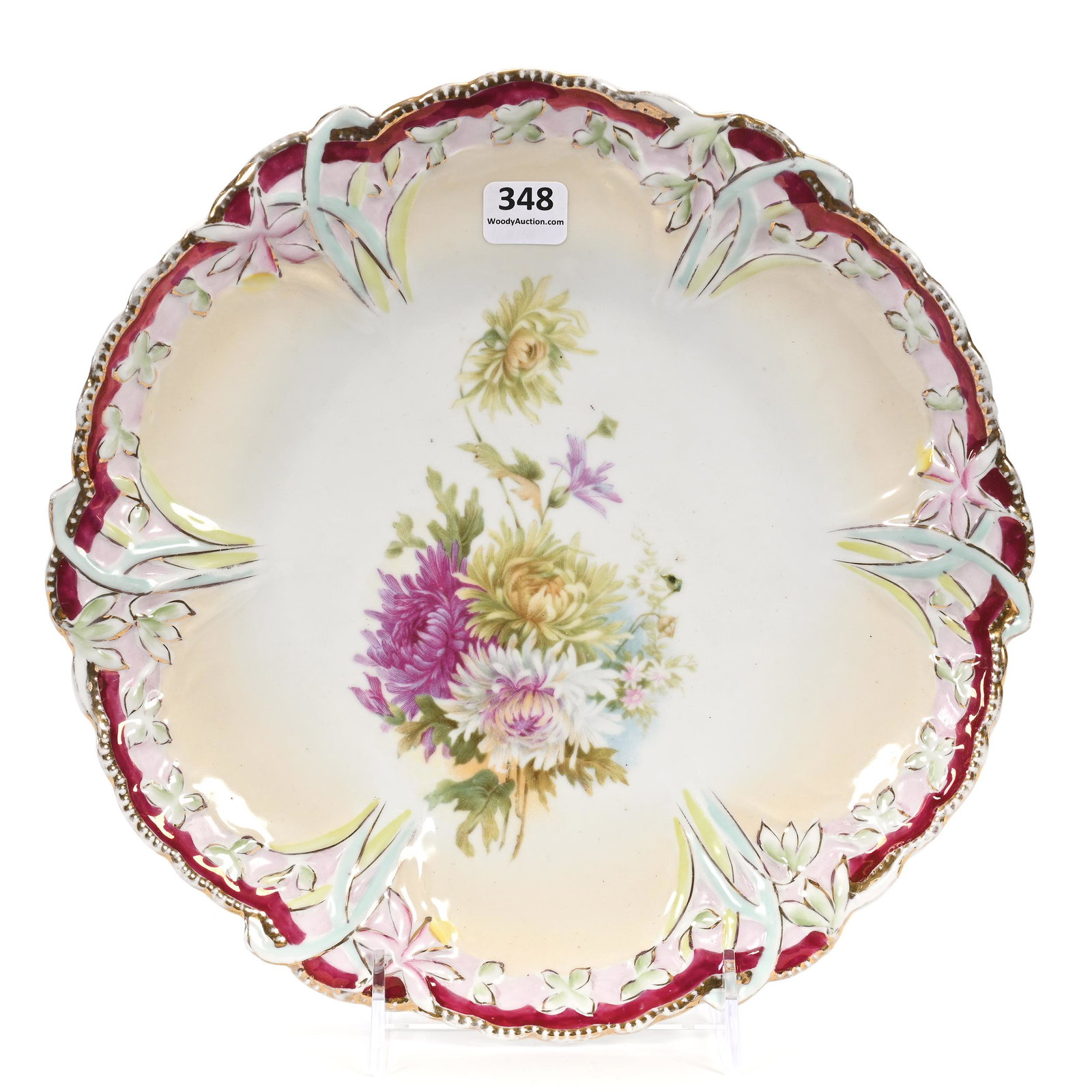 Plate, Unmarked R.S. Prussia: Plate, Unmarked R.S. Prussia, 10.25", Daffodil Mold, Cream And White Center, Pink And Red Border, Wild Floral Decor, Carl Putzka Collection, Texas.