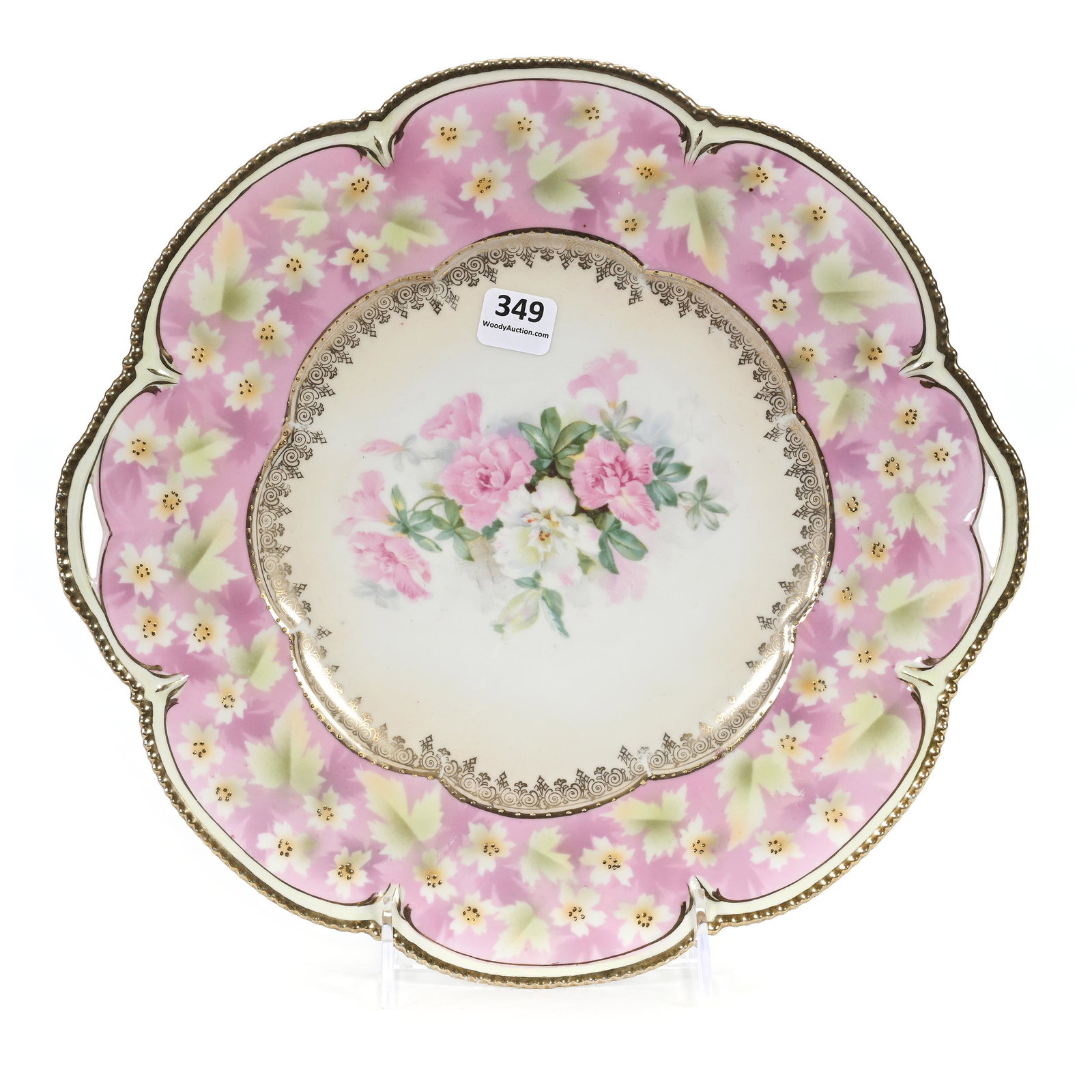 Cake Plate Marked R.S. Prussia: Cake Plate Marked R.S. Prussia, 11.5", Cream Center, Pink And White Floral Decor, Rare Pink Border With White Blossom Decor, Carl Putzka Collection, Texas.