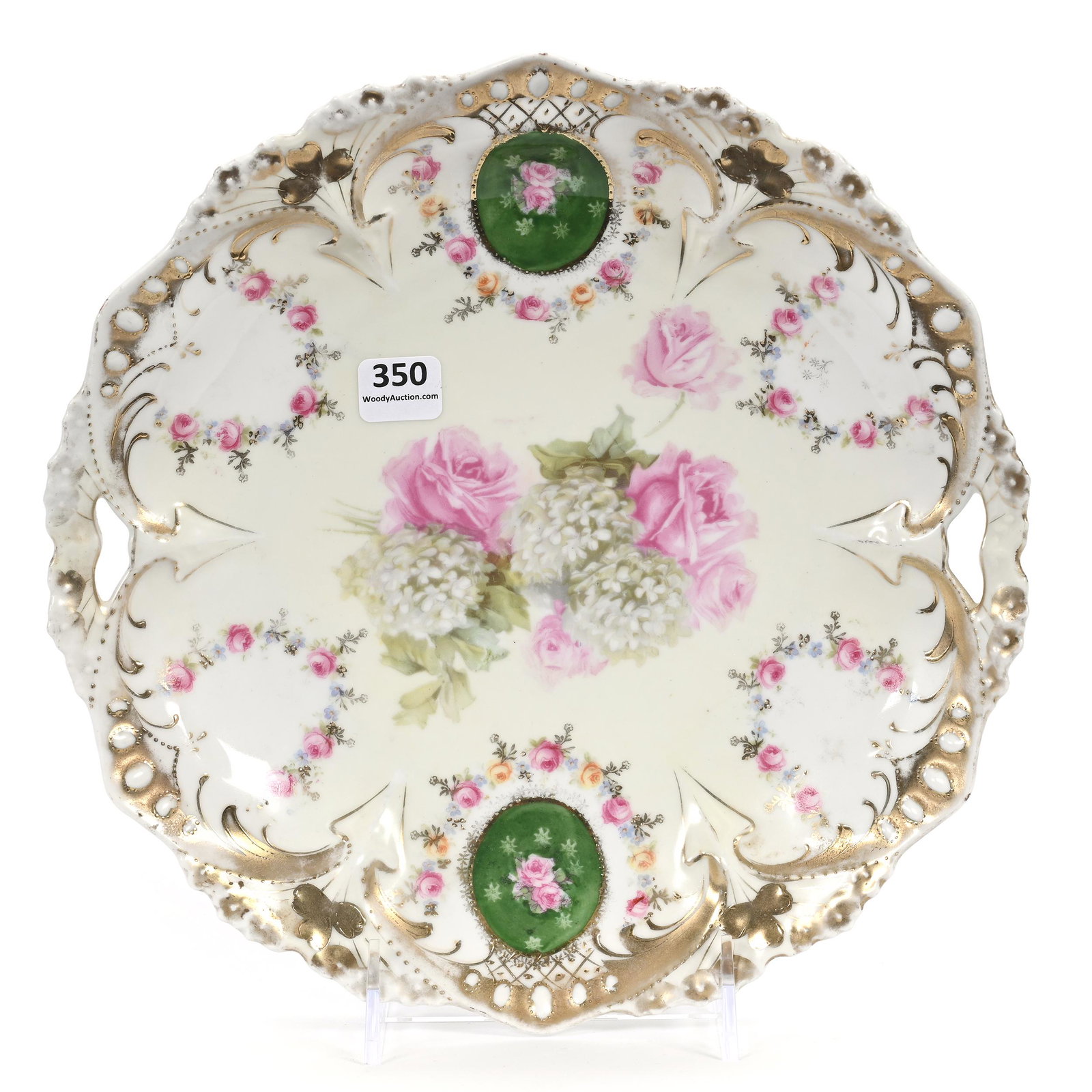 Cake Plate Marked R.S. Prussia: Cake Plate Marked R.S. Prussia, 10", Point & Clover Mold, Cream And White With Snowball And Rose Decor, Some Gold Edge Wear, Carl Putzka Collection, Texas.
