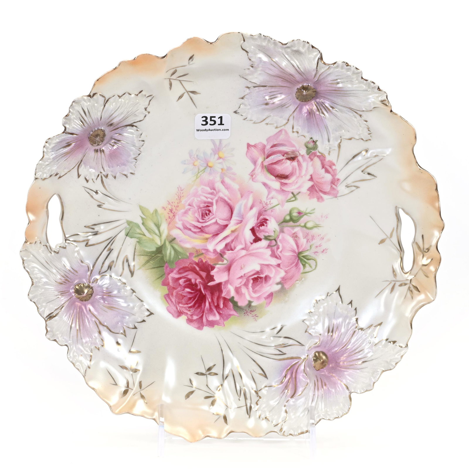 Cake Plate Marked R.S. Prussia: Cake Plate Marked R.S. Prussia, 10", Carnation Mold, White And Lavender Satin, Pink Rose Decor, Carl Putzka Collection, Texas.