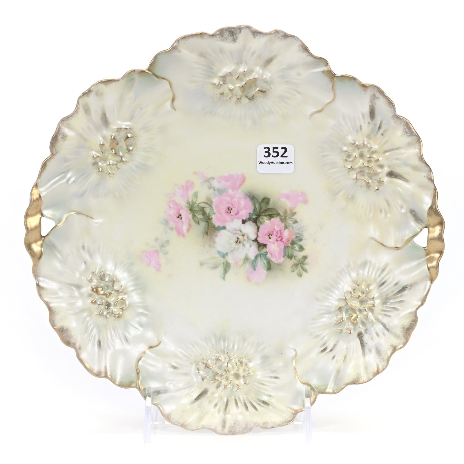 Cake Plate Marked R.S. Prussia: Cake Plate Marked R.S. Prussia, 9.75", Sunflower Mold, Green And Yellow Satin, Pink And White Floral Decor, Carl Putzka Collection, Texas.