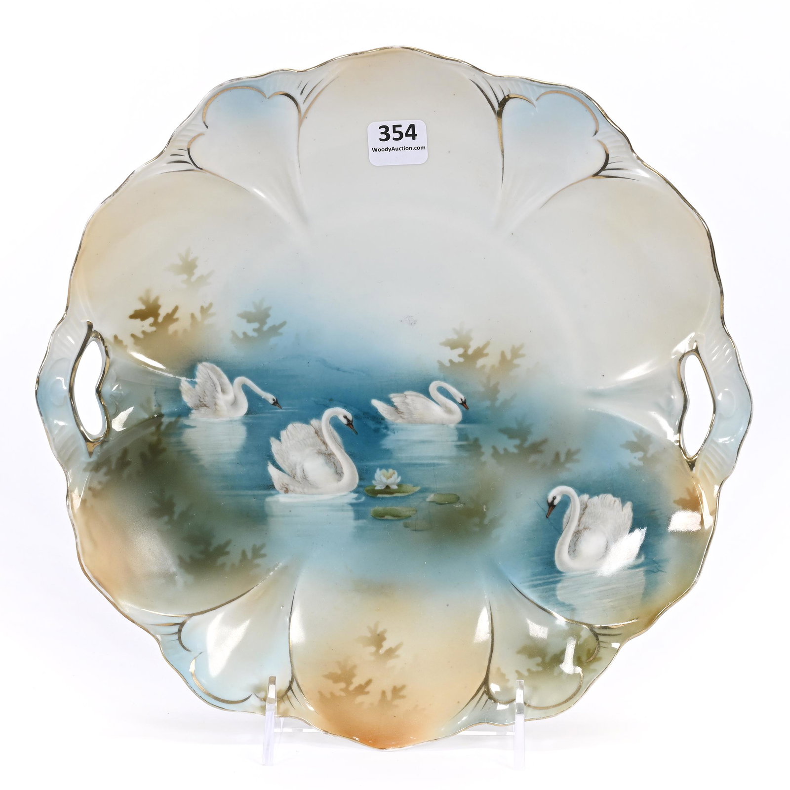 Cake Plate, Unmarked R.S. Prussia: Cake Plate, Unmarked R.S. Prussia, 10.5", Cream And Blue Tones, Swan Scenic Decor, Carl Putzka Collection, Texas.