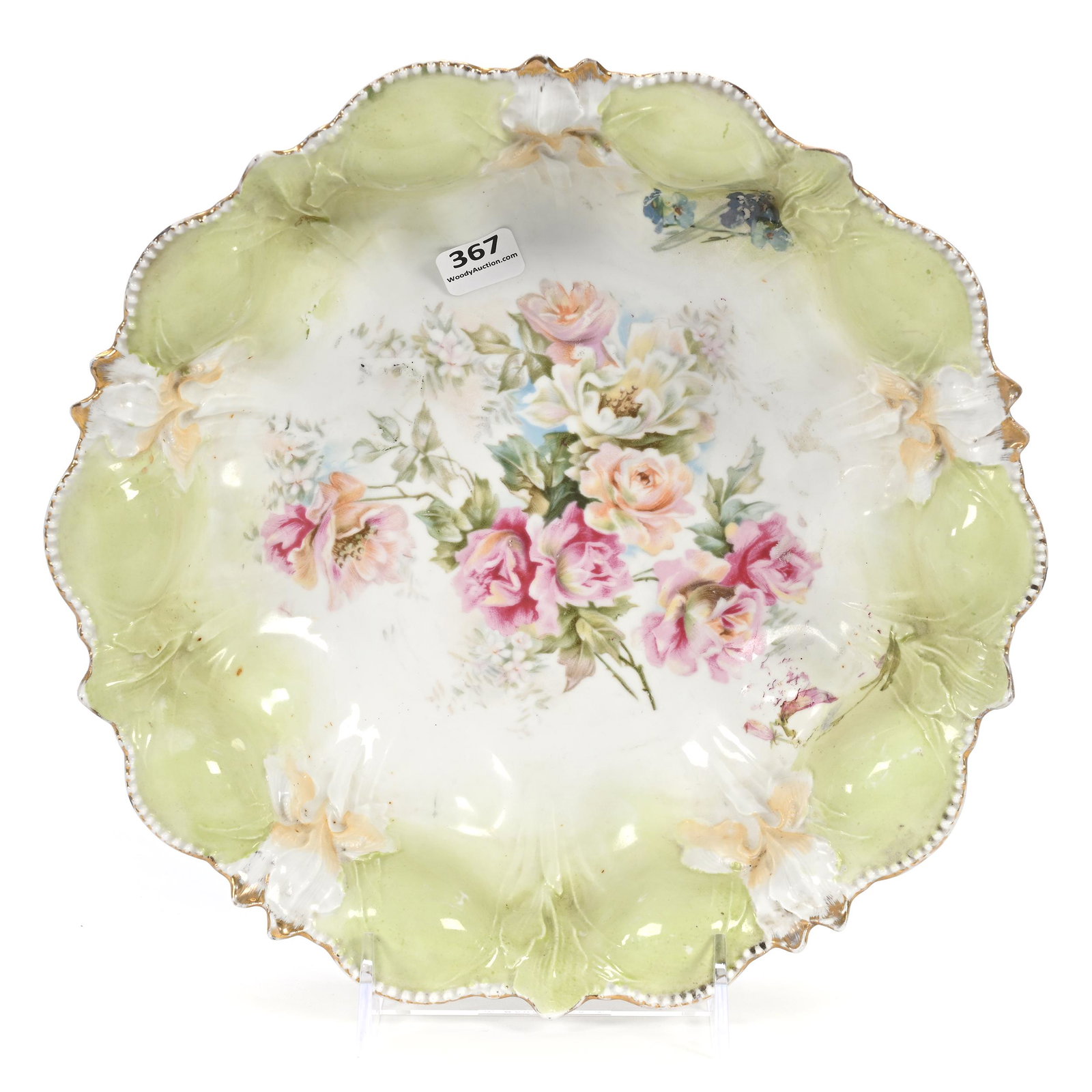 Bowl, Unmarked R.S. Prussia: Bowl, Unmarked R.S. Prussia, 10", Iris Mold, Green And White Tones, Rose Decor, Some Edge & Hairline Repair On Back, Carl Putzka Collection, Texas.