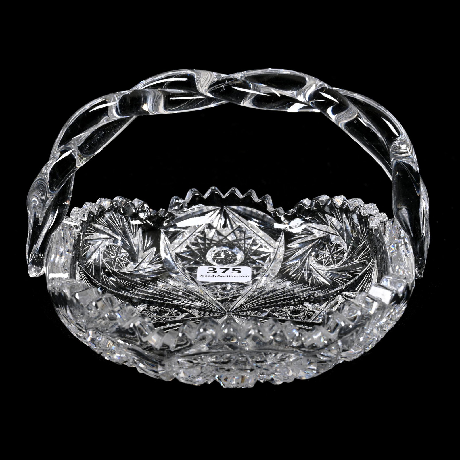 Basket, American Brilliant Cut Glass: Basket, American Brilliant Cut Glass, 4.25" x 6", Hobstar, Strawberry Diamond, Pinwheel And Prism Motif, Applied Twist Handle, Two Tooth Chips, Carl Putzka Collection, Texas.