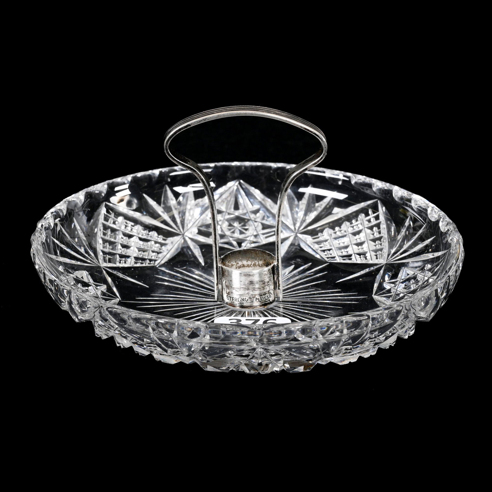 Ashtray, ABCG, Marked Hawkes Sterling Handle: Ashtray, American Brilliant Cut Glass, Marked Hawkes Sterling Handle, 2.75" x 5", Hobstar, Crosscut Diamond And Fan Motif, Carl Putzka Collection, Texas.