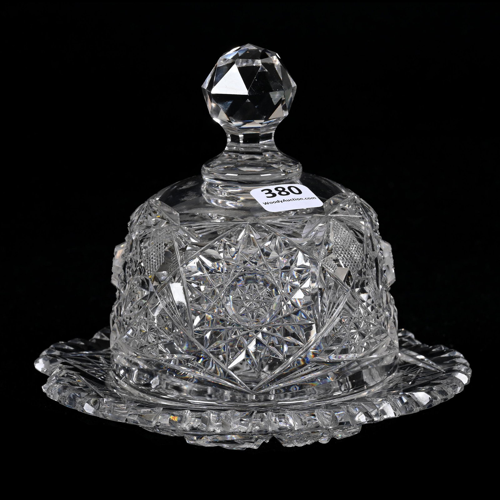 Butterdish, American Brilliant Cut Glass: Butterdish, American Brilliant Cut Glass, 5.5" x 6.25", Hobstar And Fan Motif, Rim Roughness, Underplate Has Some Tooth Chips, Possible Marriage, Carl Putzka Collection, Texas.