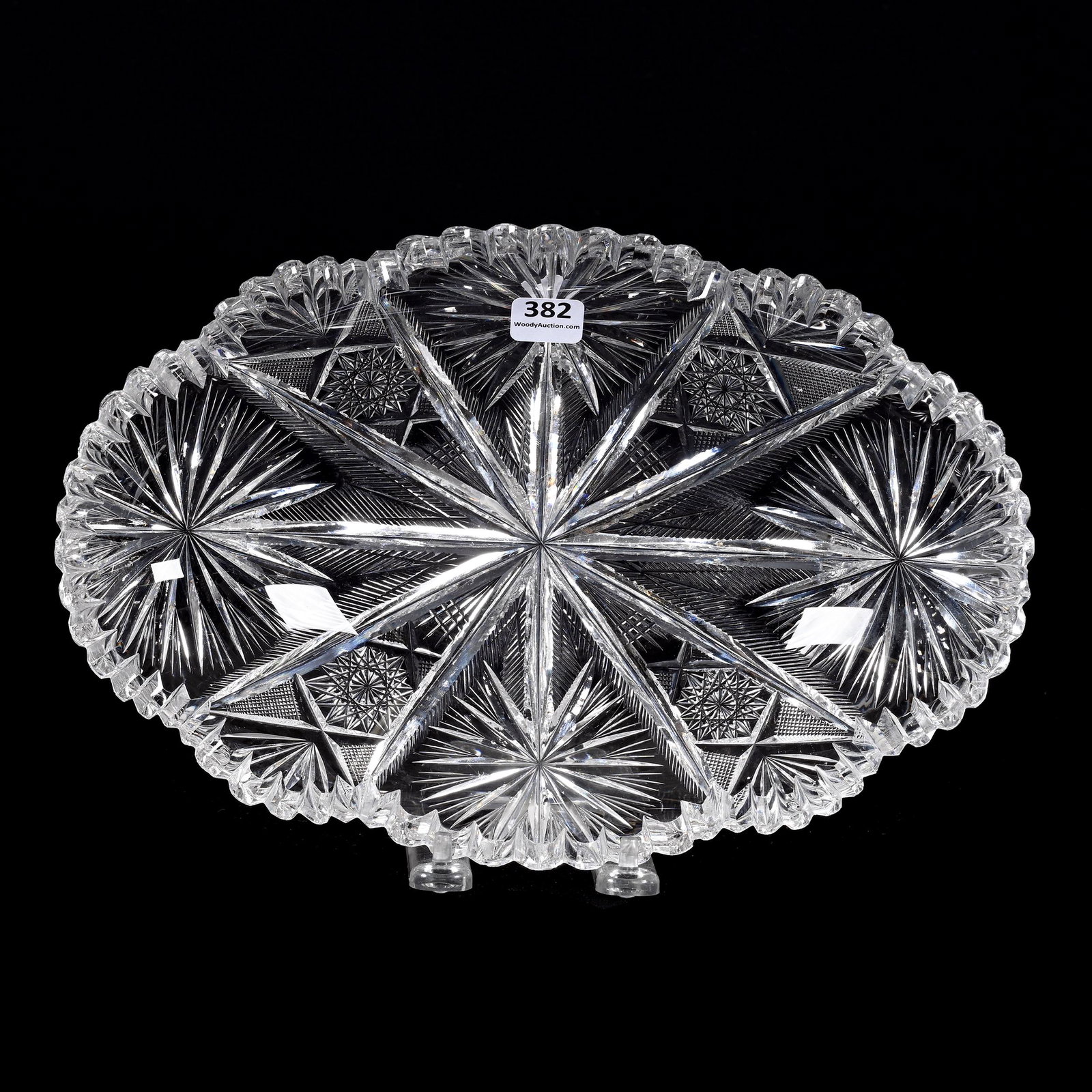 Oval Bread Plate, American Brilliant Cut Glass: Oval Bread Plate, American Brilliant Cut Glass, 11.5" x 7.75", Palm Pattern By Taylor Brothers, Exactly As Shown In ACGA Taylor Brothers Catalog Reprint, Page 18, Three Tooth Chips, Carl Putzka Collec