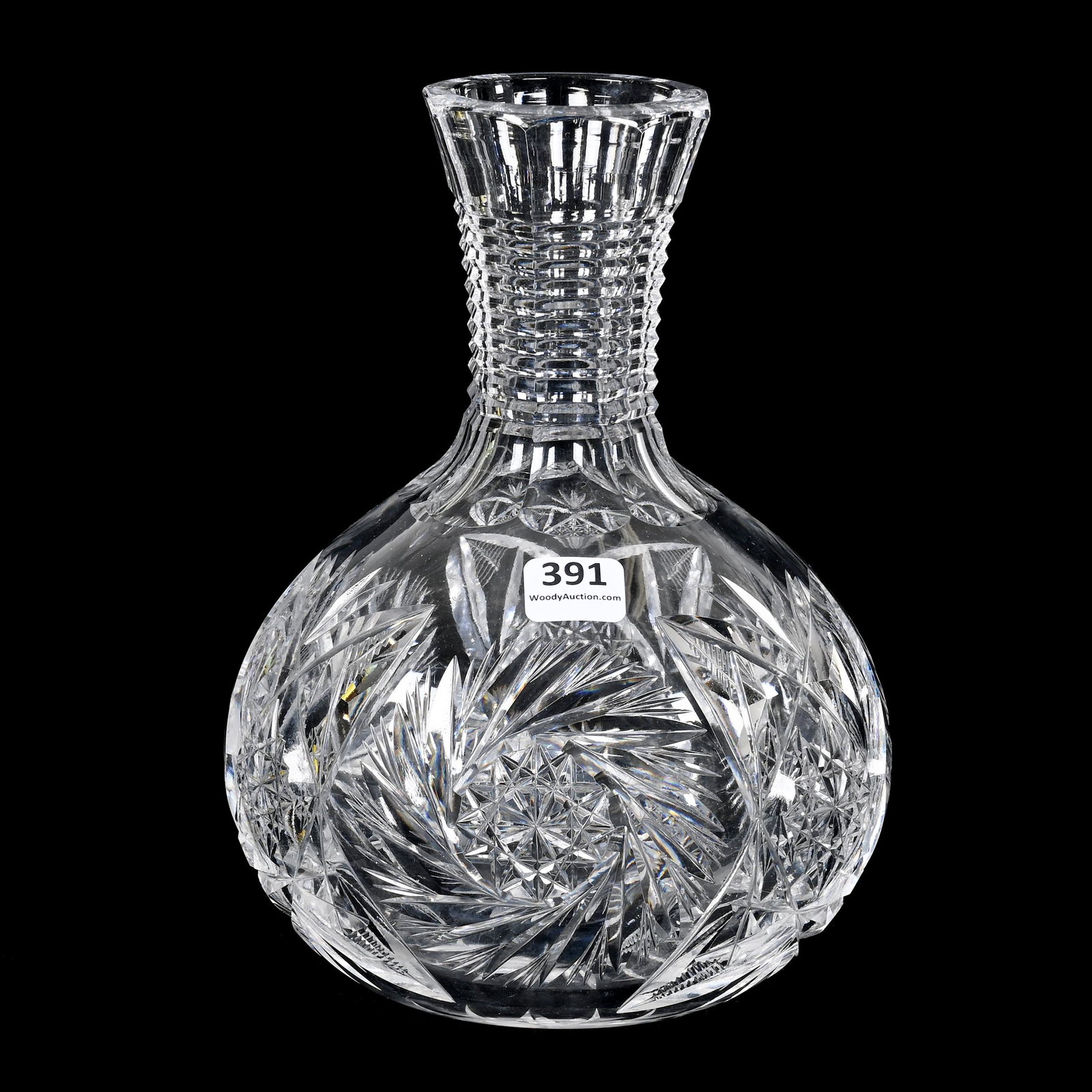 Water Carafe, American Brilliant Cut Glass: Water Carafe, American Brilliant Cut Glass, 8.25" x 6", Pinwheel, Hobstar And Fan Motif, Ray Cut Base, Notched Neck, Carl Putzka Collection, Texas.