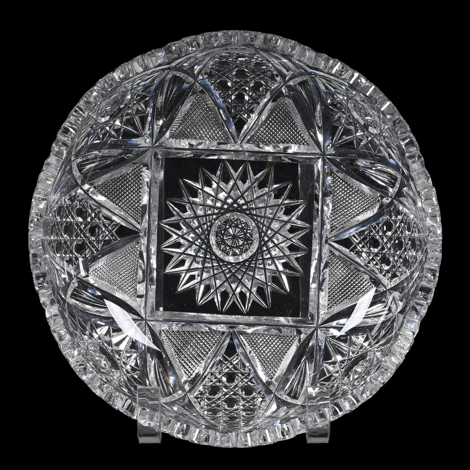 Bowl, American Brilliant Cut Glass: Bowl, American Brilliant Cut Glass, 3.5" x 9", Hobstar, Strawberry Diamond, Cane, Vesica And Fan Motif, Carl Putzka Collection, Texas.