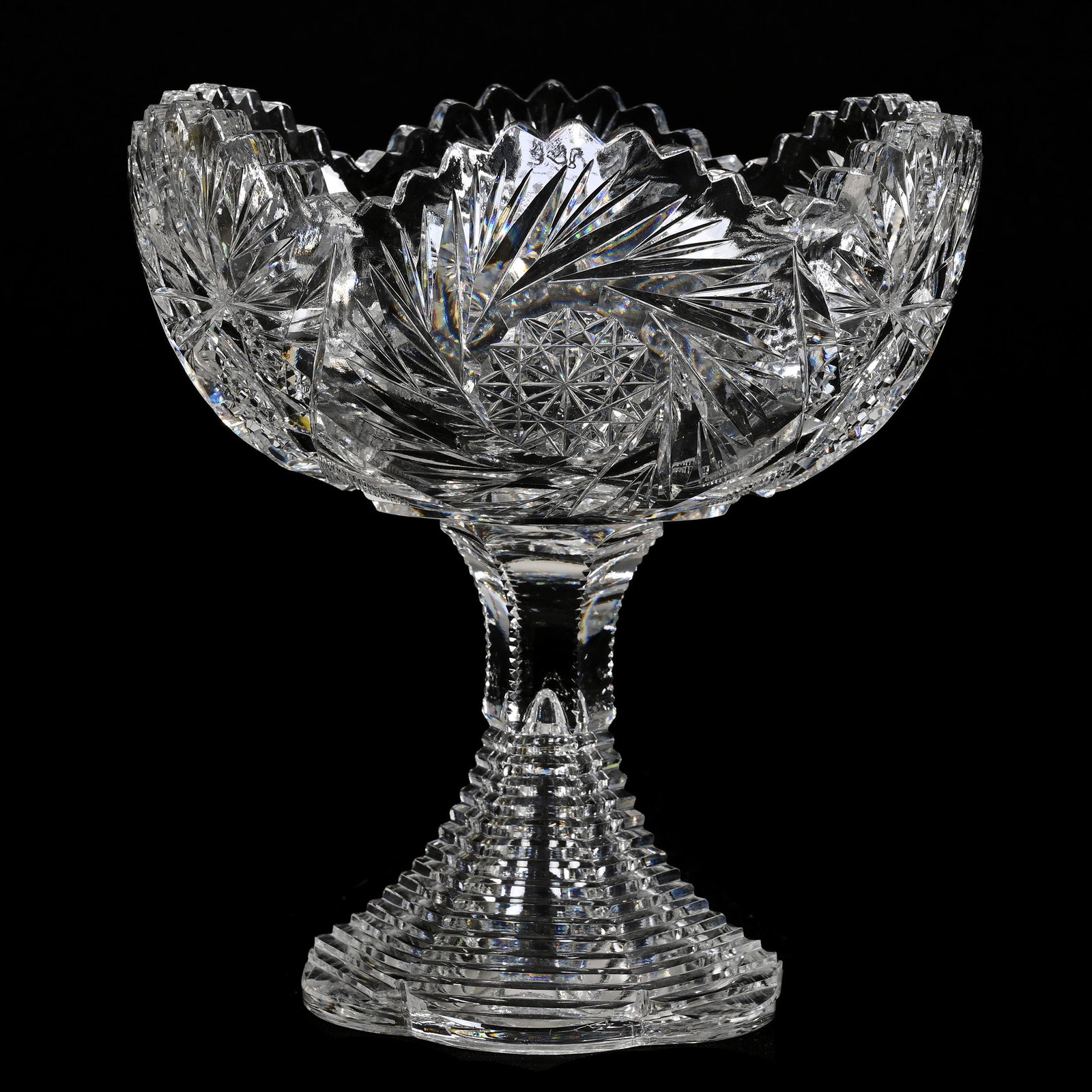 Compote, American Brilliant Cut Glass: Compote, American Brilliant Cut Glass, 8.5" x 8", Pinwheel, Nailhead Diamond And Fan Motif, Step Cut Petticoat Foot, Carl Putzka Collection, Texas.