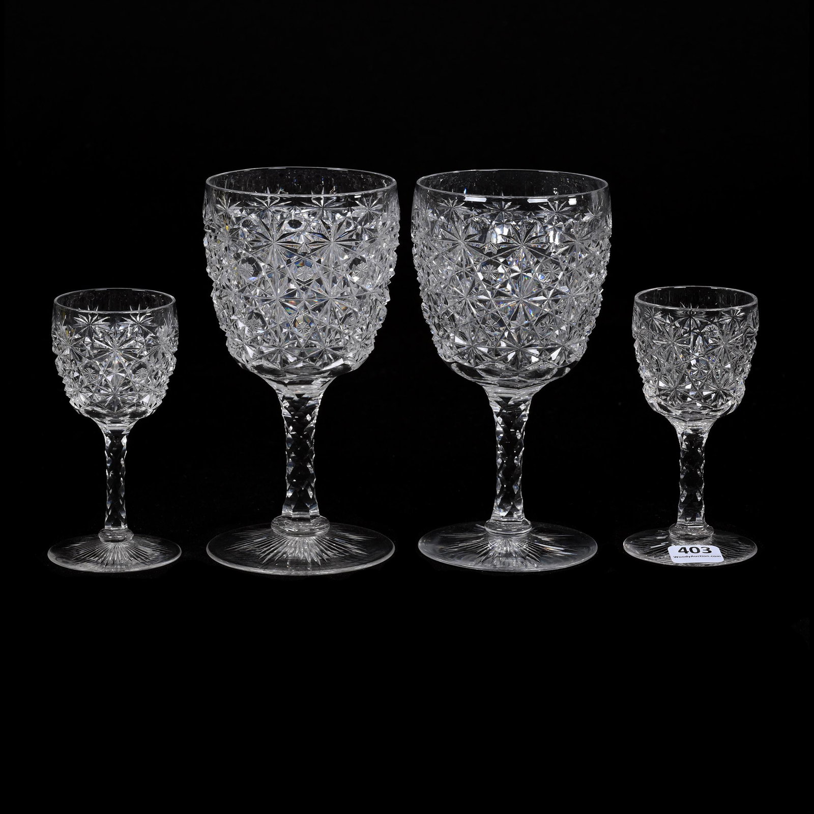 (2) Goblets & (2) Wine Stems, ABCG: (2) Goblets & (2) Wine Stems, American Brilliant Cut Glass, Russian Pattern, Star Cut Buttons, Ray Cut Foot, 6.25" x 3.25 Goblets, 4.5" x 2" Wines, Carl Putzka Collection, Texas.