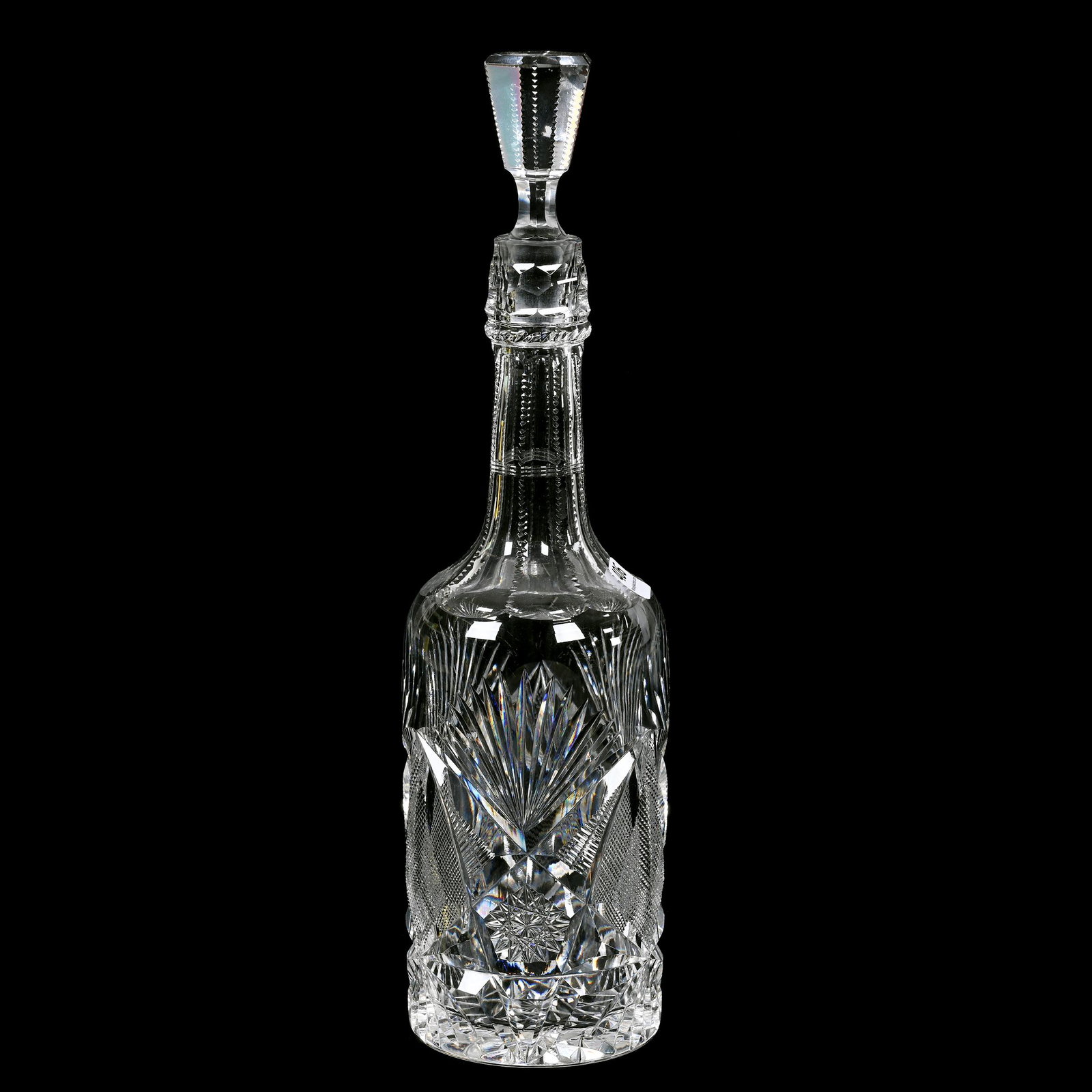 Whiskey Bottle, American Brilliant Cut Glass: Whiskey Bottle, American Brilliant Cut Glass, 13.25" x 3.25", Hobstar, Strawberry Diamond And Fan Motif, Hobstar Base, Carl Putzka Collection, Texas.