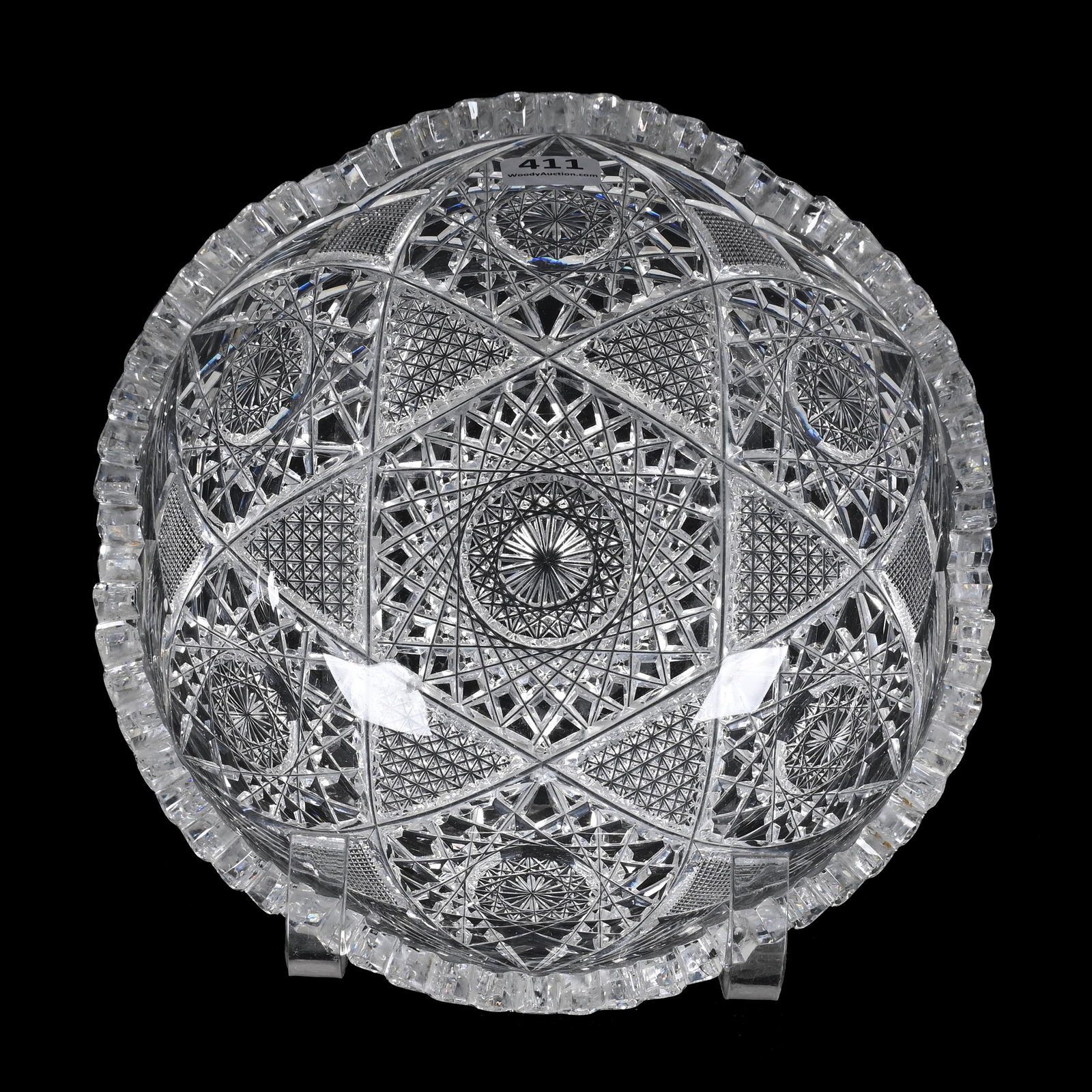 Bowl, American Brilliant Cut Glass: Bowl, American Brilliant Cut Glass, 3.75" x 8", Hobstar, Block, Strawberry Diamond And Fan Motif, Carl Putzka Collection, Texas.
