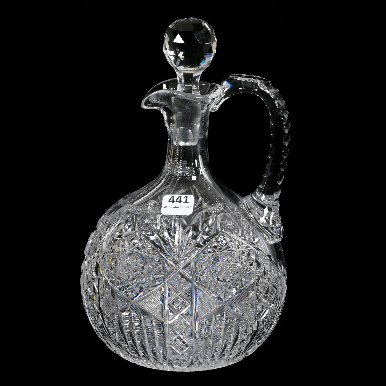 Ovoid Decanter, American Brilliant Cut Glass: Ovoid Decanter, American Brilliant Cut Glass, 10" x 5.25", Hobstar, Prism, Strawberry Diamond, Crosshatch And Fan Motif, Carl Putzka Collection, Texas.