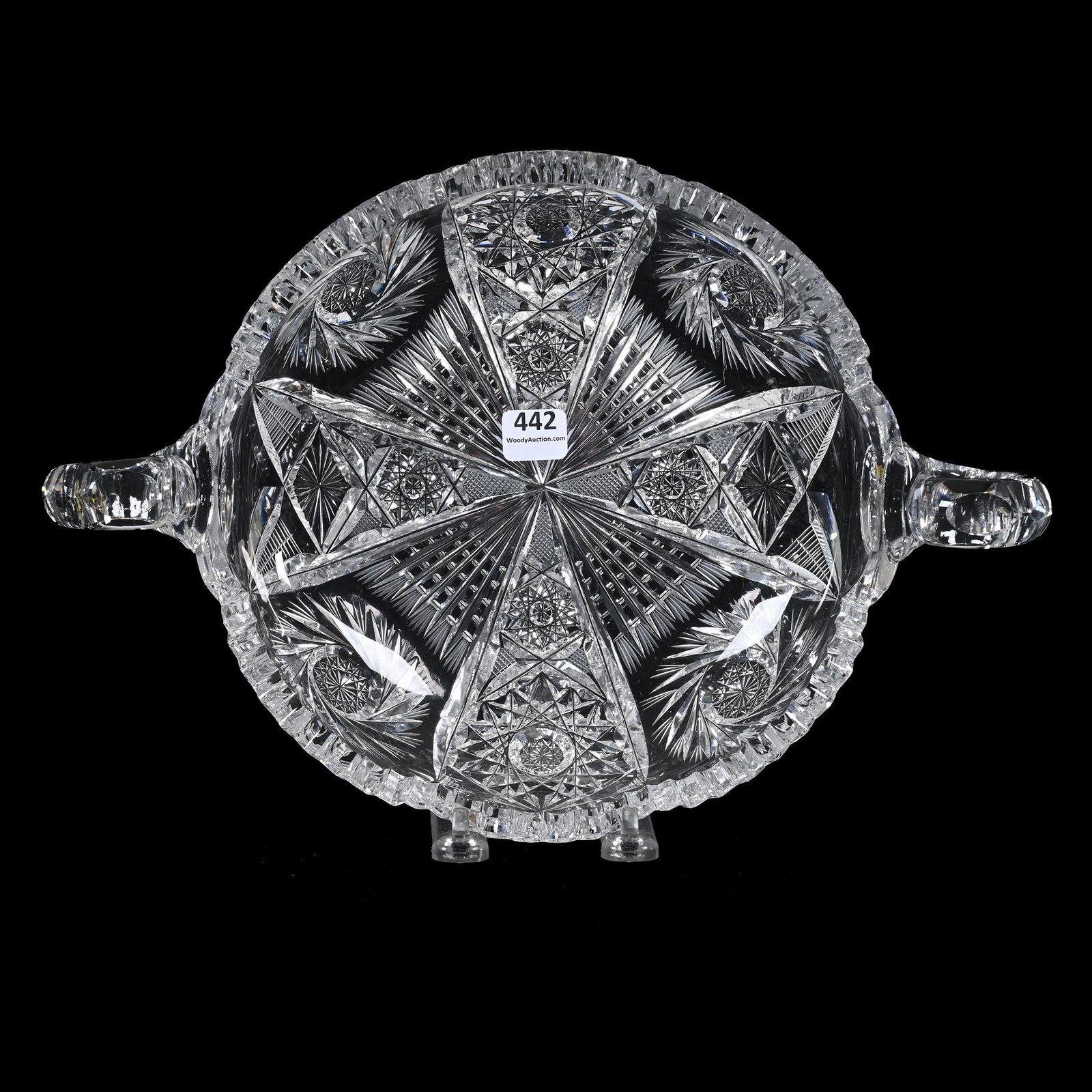 Bowl, Two Handles, American Brilliant Cut Glass: Bowl, Two Handles, American Brilliant Cut Glass, 2.5" x 13" x 9", Four Sections Of Pinwheel, Prism, Hobstar, Strawberry Diamond And Star Motif, Tooth Chip, Carl Putzka Collection, Texas.