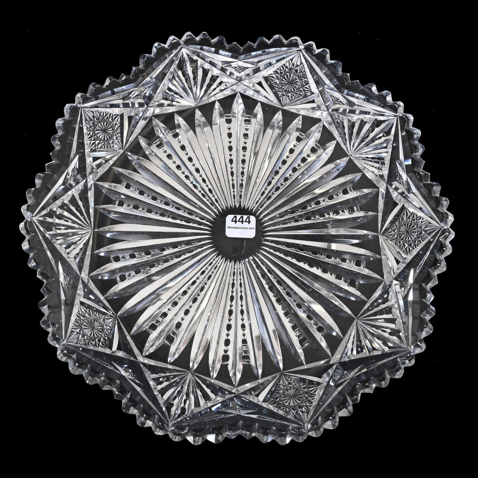 Round Tray, American Brilliant Cut Glass: Round Tray, American Brilliant Cut Glass, 12.5", Prism Cut Center With Hobstar And Fan Border, Tooth Chip, Carl Putzka Collection, Texas.