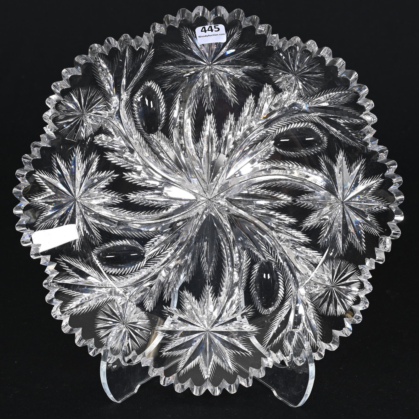 Round Tray, ABCG, Signed Libbey Star & Feather: Round Tray, American Brilliant Cut Glass, Signed Libbey Star & Feather, 11.75", Designed By W.C. Anderson, Patent Date 1906, Nice Quality, Two Tooth Chips, One Outside Rim Chip, Carl Putzka Collection